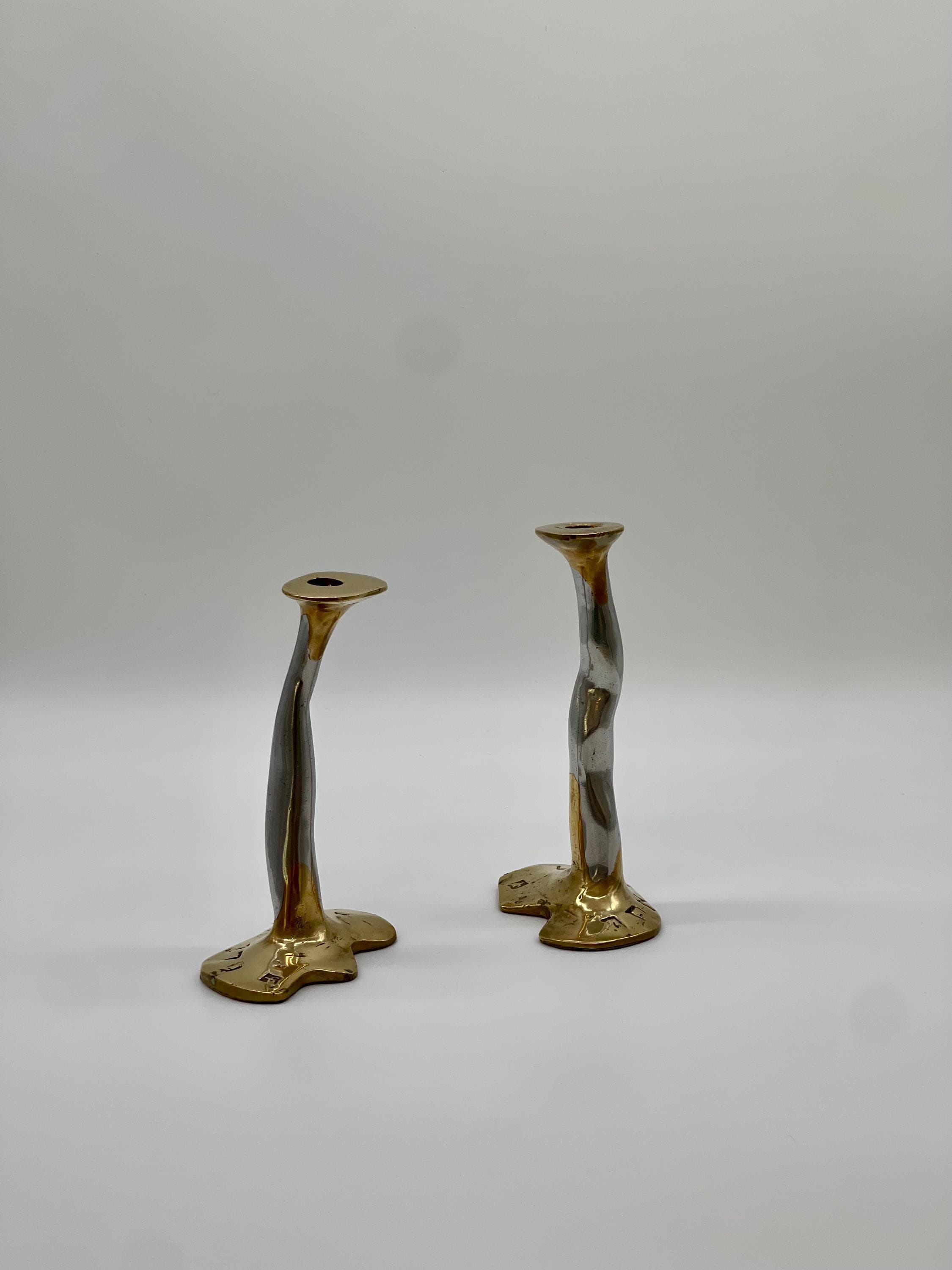 David Marshall Brutalist Candlesticks, Spanish Cast Solid Brass & Aluminum Pair