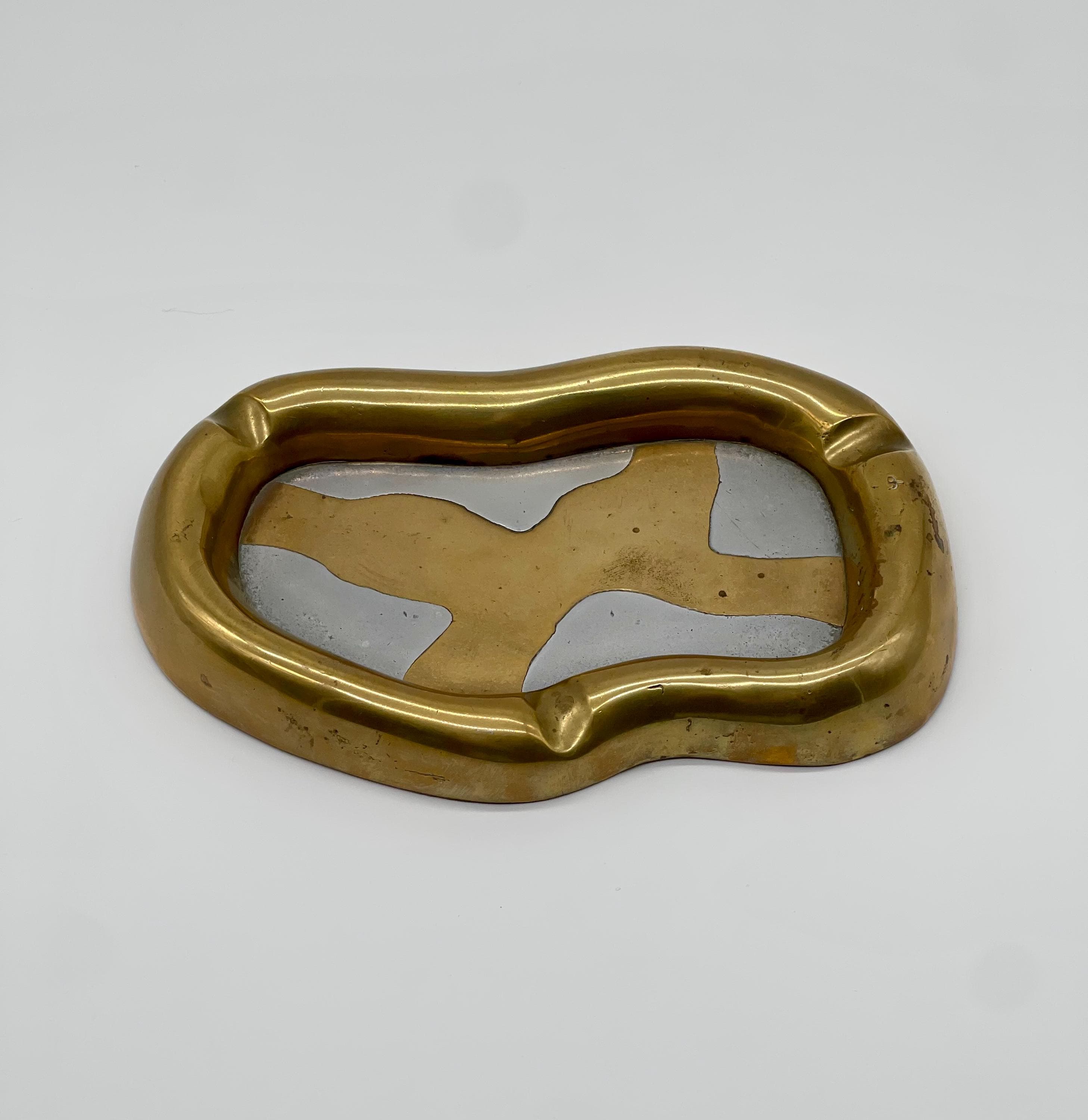 David Marshall Signed Wave Ashtray, 1980s Brutalist Solid Brass & Aluminum Sculpture