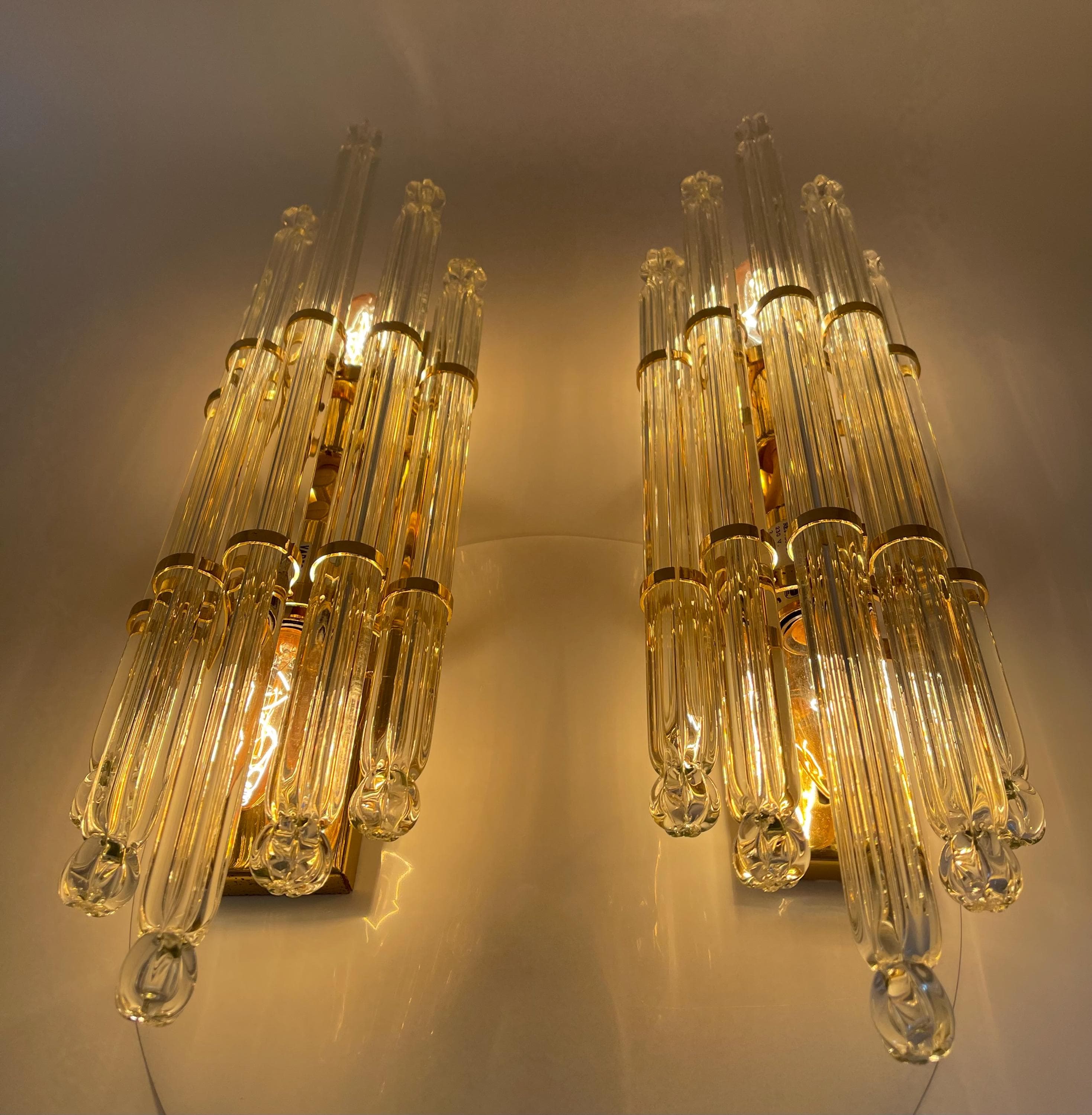 Vadisa Hollywood Regency Wall Sconces, Murano Style Glass Rod Lights, Mid Century Gold Crystal