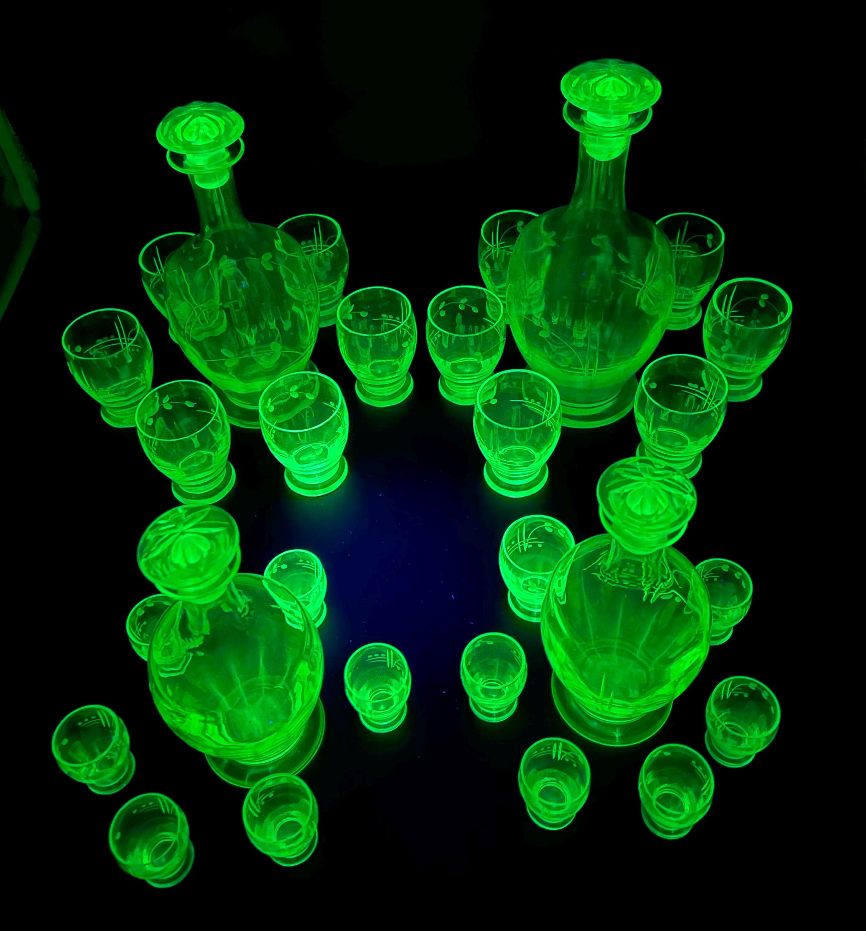 Antique Bohemian Vaseline Glass Decanter Set, Art Deco Liquor Glasses, UV Glowing Set
