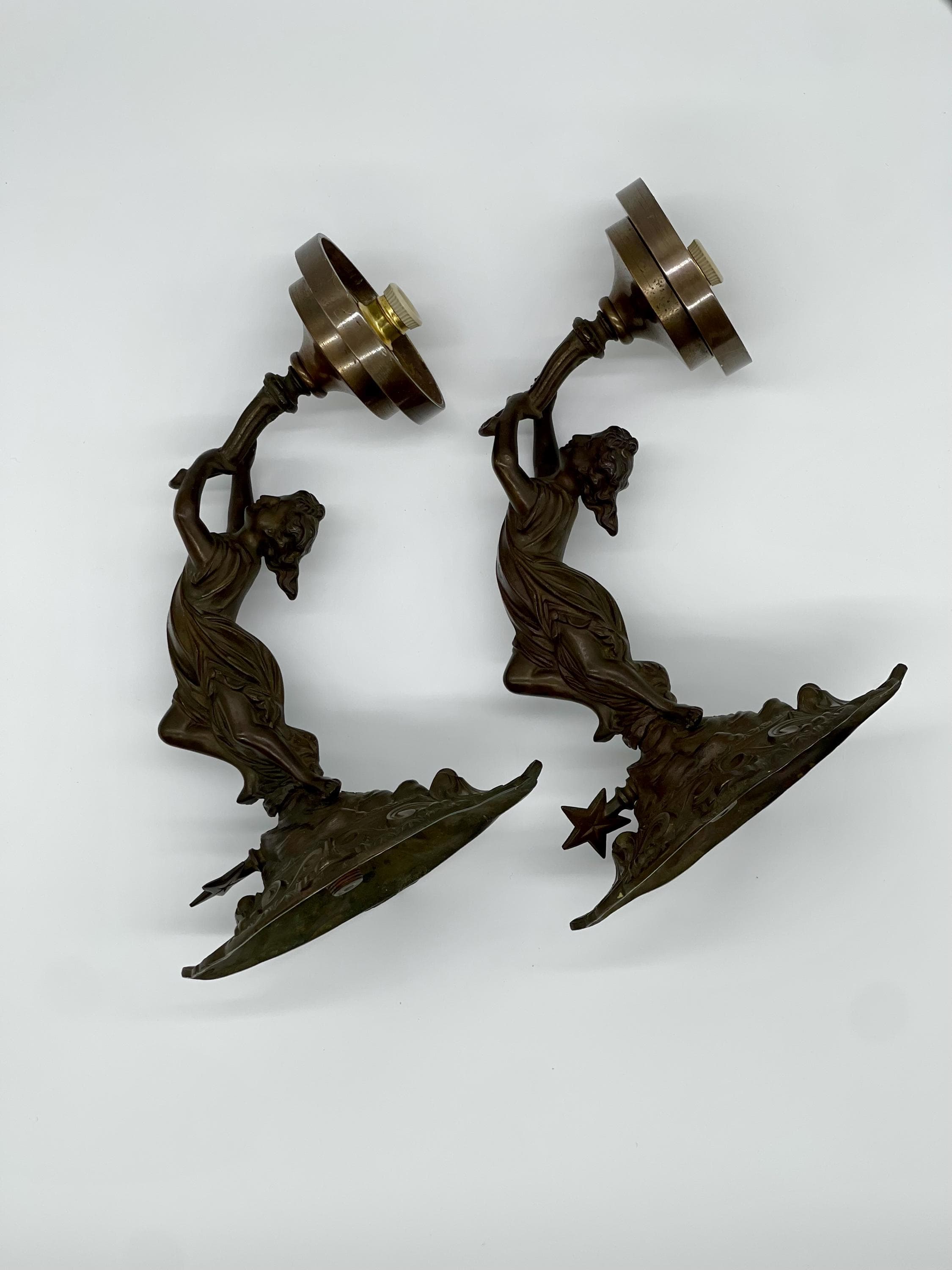 Antique Bronze Nymph Sconces, Neoclassical Wall Lights, Etched Glass Globes