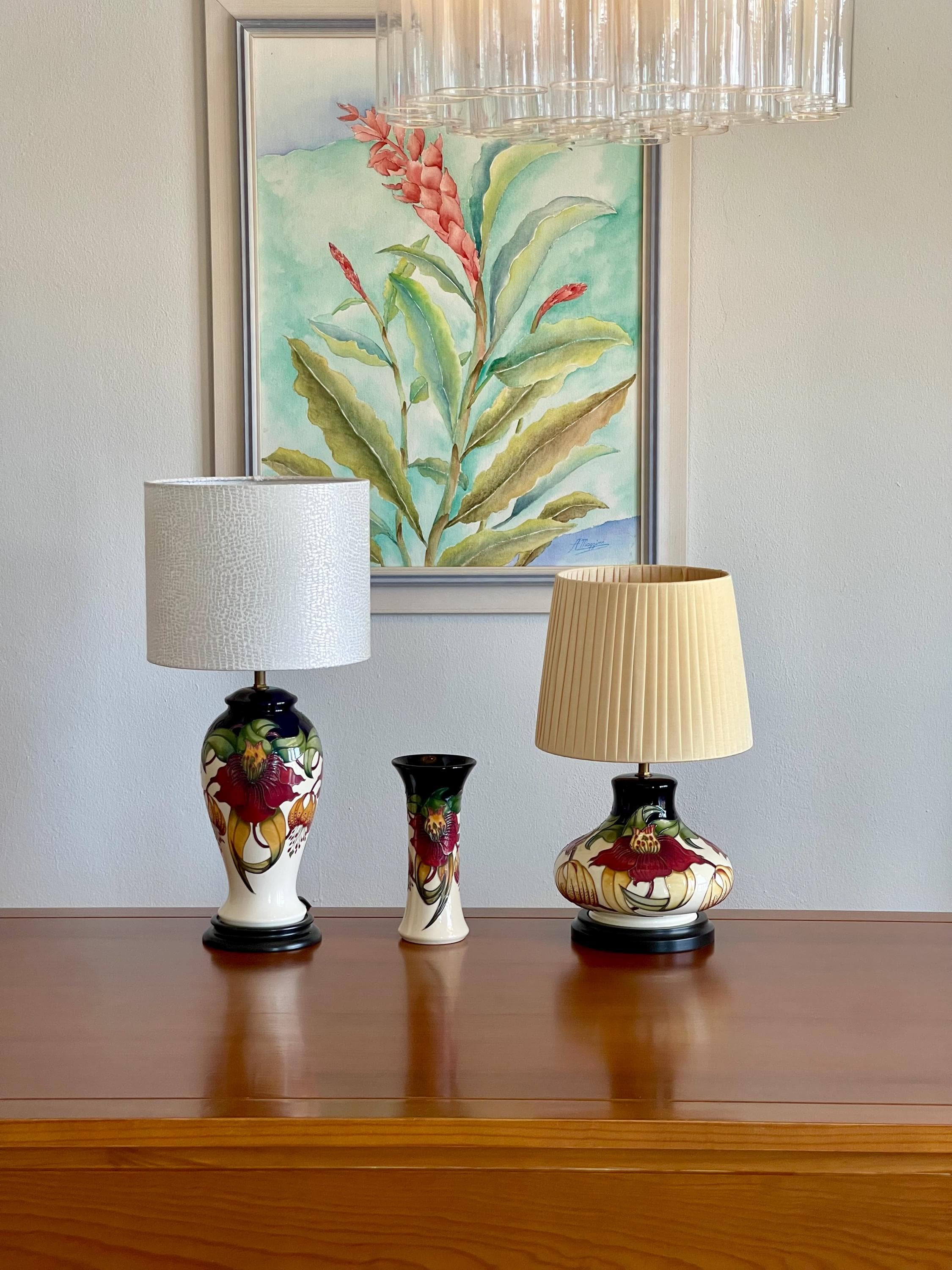 Moorcroft Anna Lily Collection Set, Nicola Slaney Art Pottery Lamps and Vase
