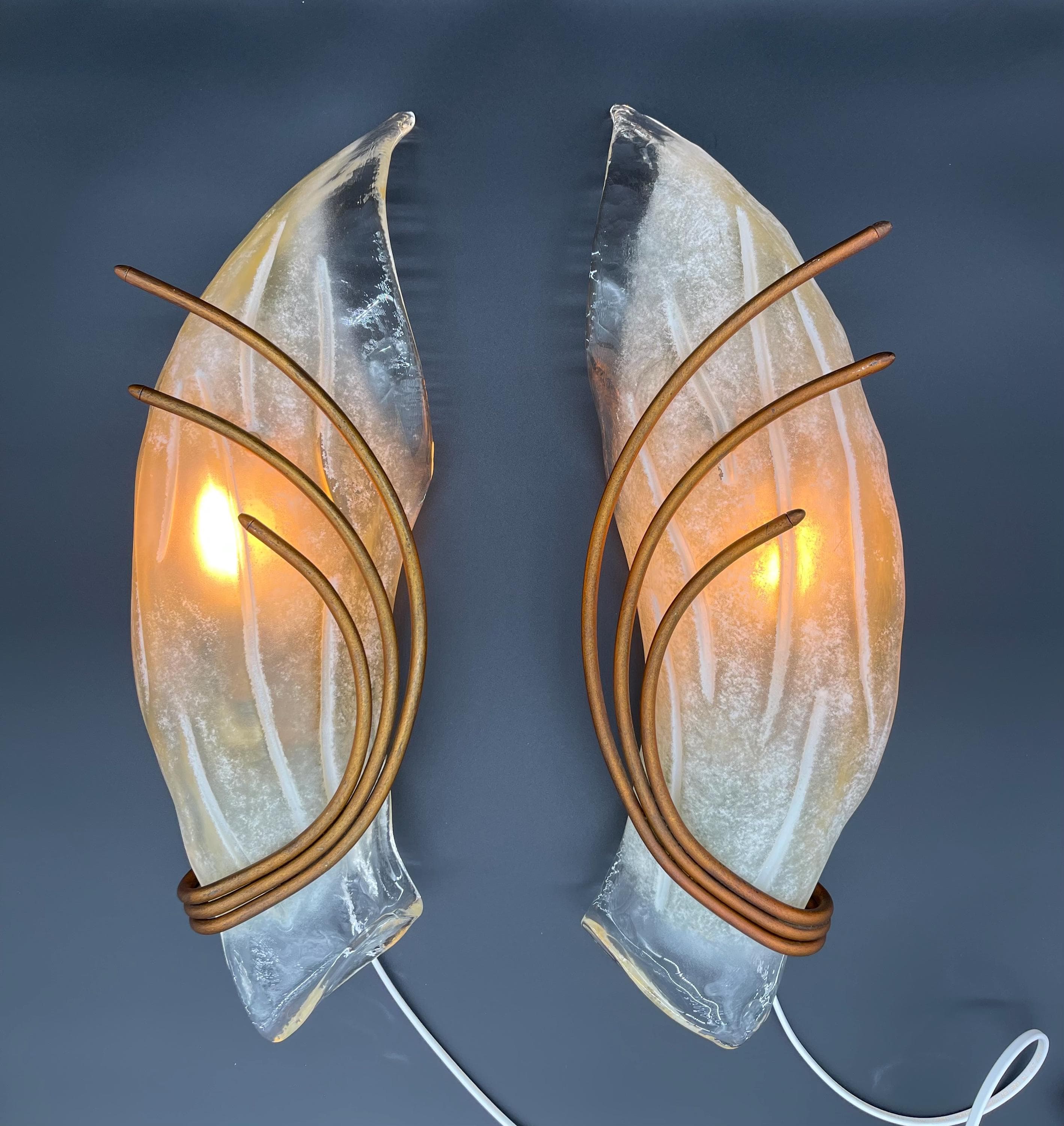 Pair Murano Glass Leaf Sconces, Sil Lux Roma Collection, Mid Century Modern Wall Lights