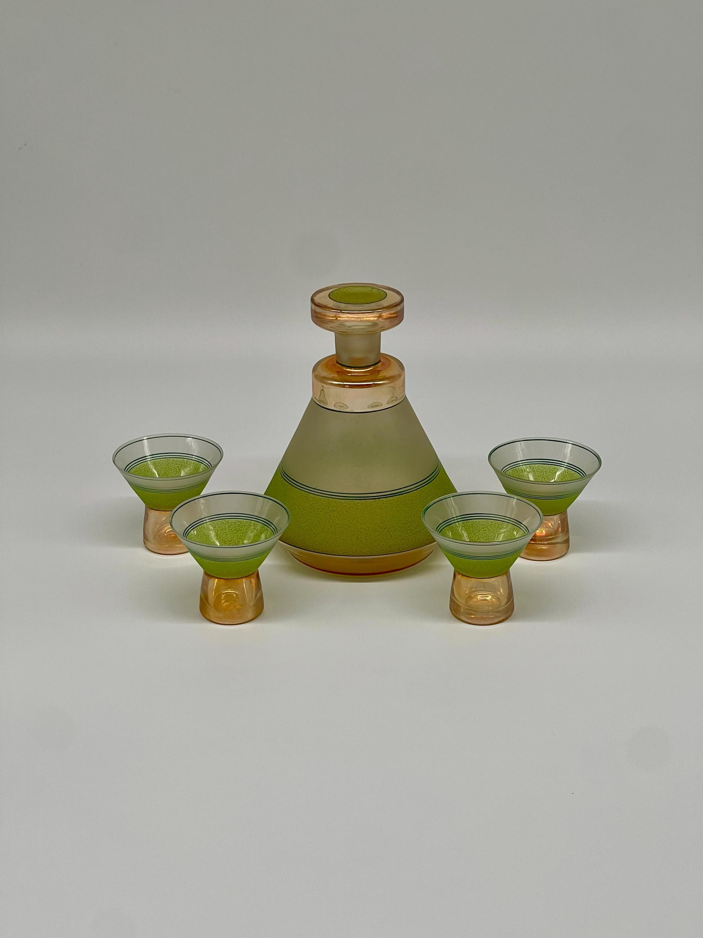 MCM Atomic Decanter Set, Satin Peach Chartreuse Glass Cocktail Glasses, 1950s Barware