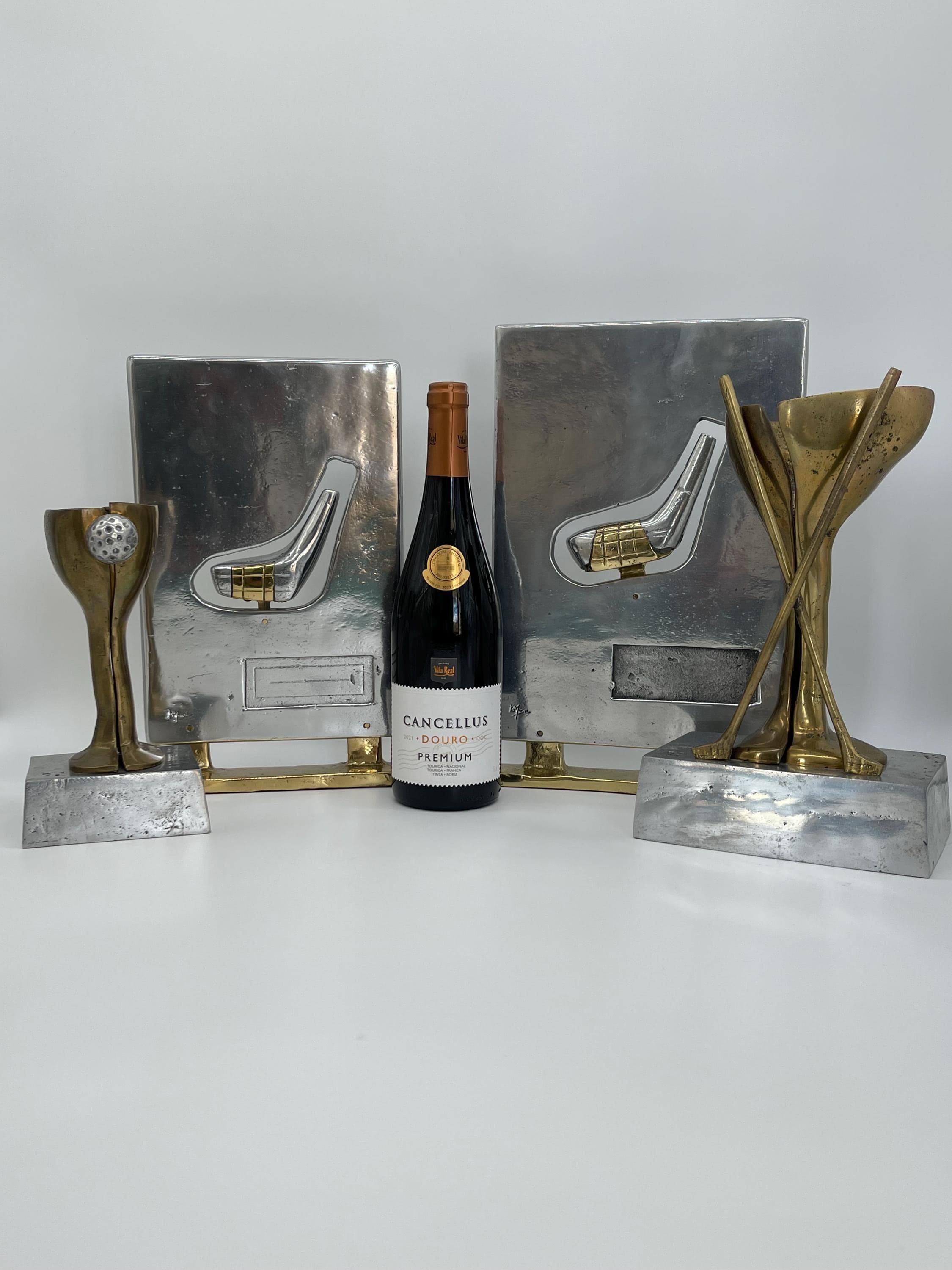 David Marshall Brutalist Golf Sculptures, Brass Aluminum Trophies, MCM Office Decor