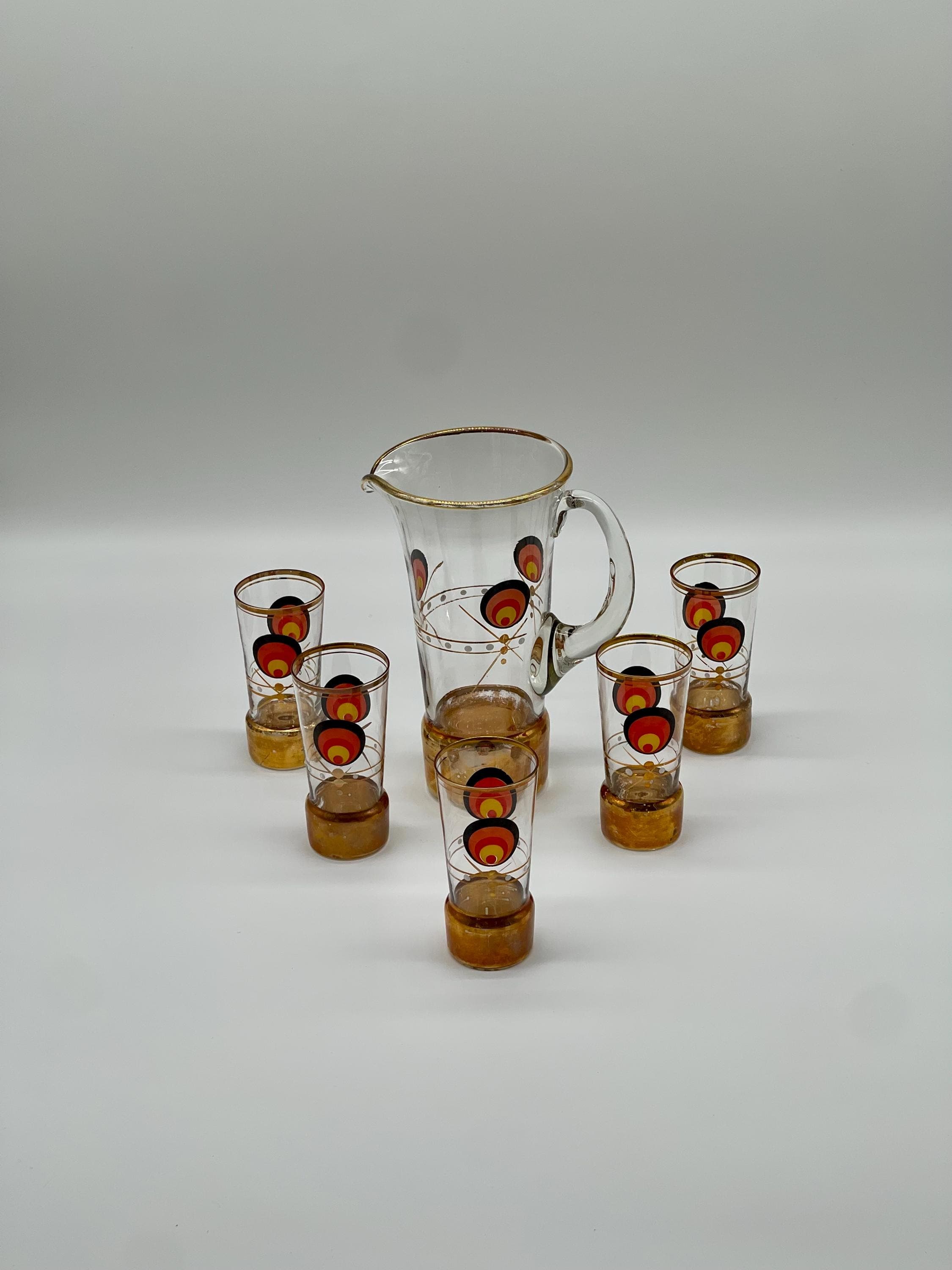 Vintage MCM Cocktail Set, 1960s Glass Pitcher & 5 Shot Glasses, Gold Base Barware