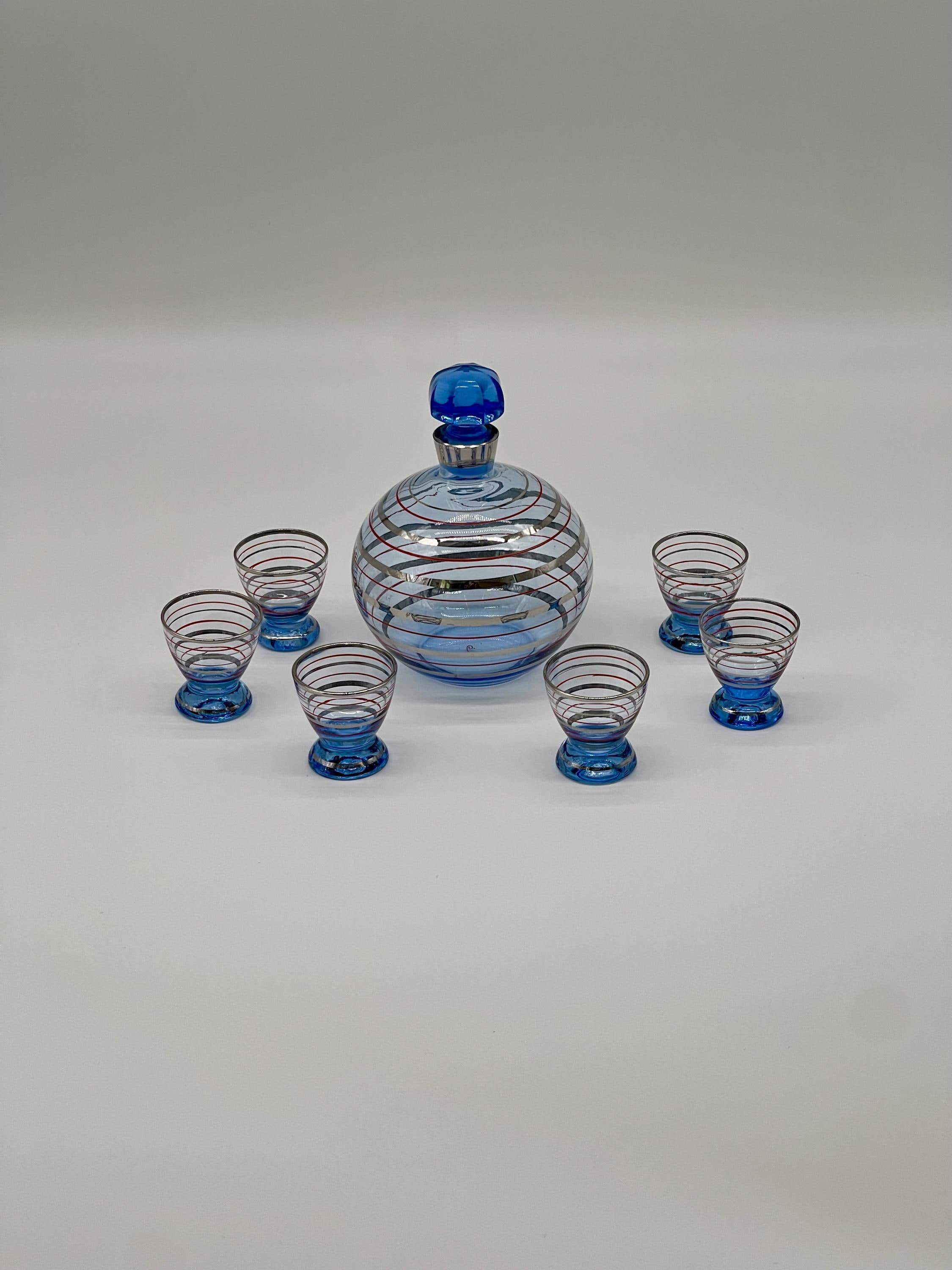Vintage Bohemian Blue Liqueur Set, Silver Red Banded Decanter, 6 Shot Glasses