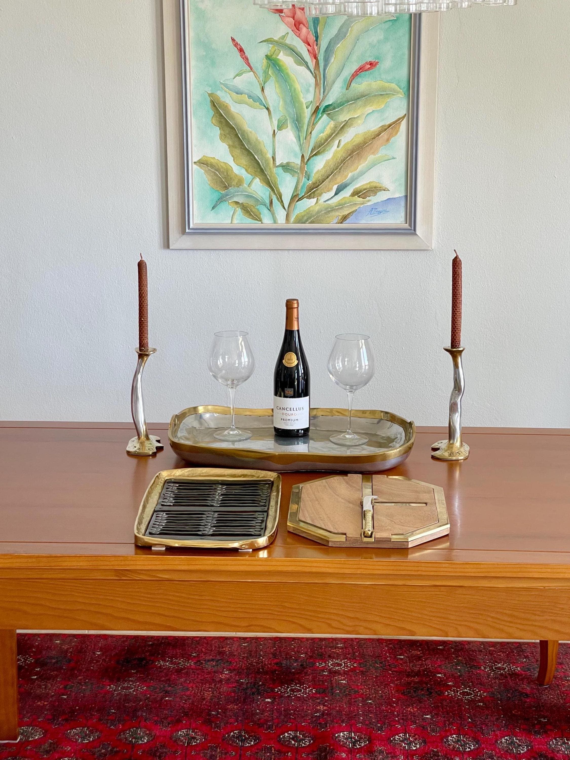 David Marshall Brutalist Entertainer Set, Solid Brass & Aluminum Tray Trivet Cheese Board Candlesticks