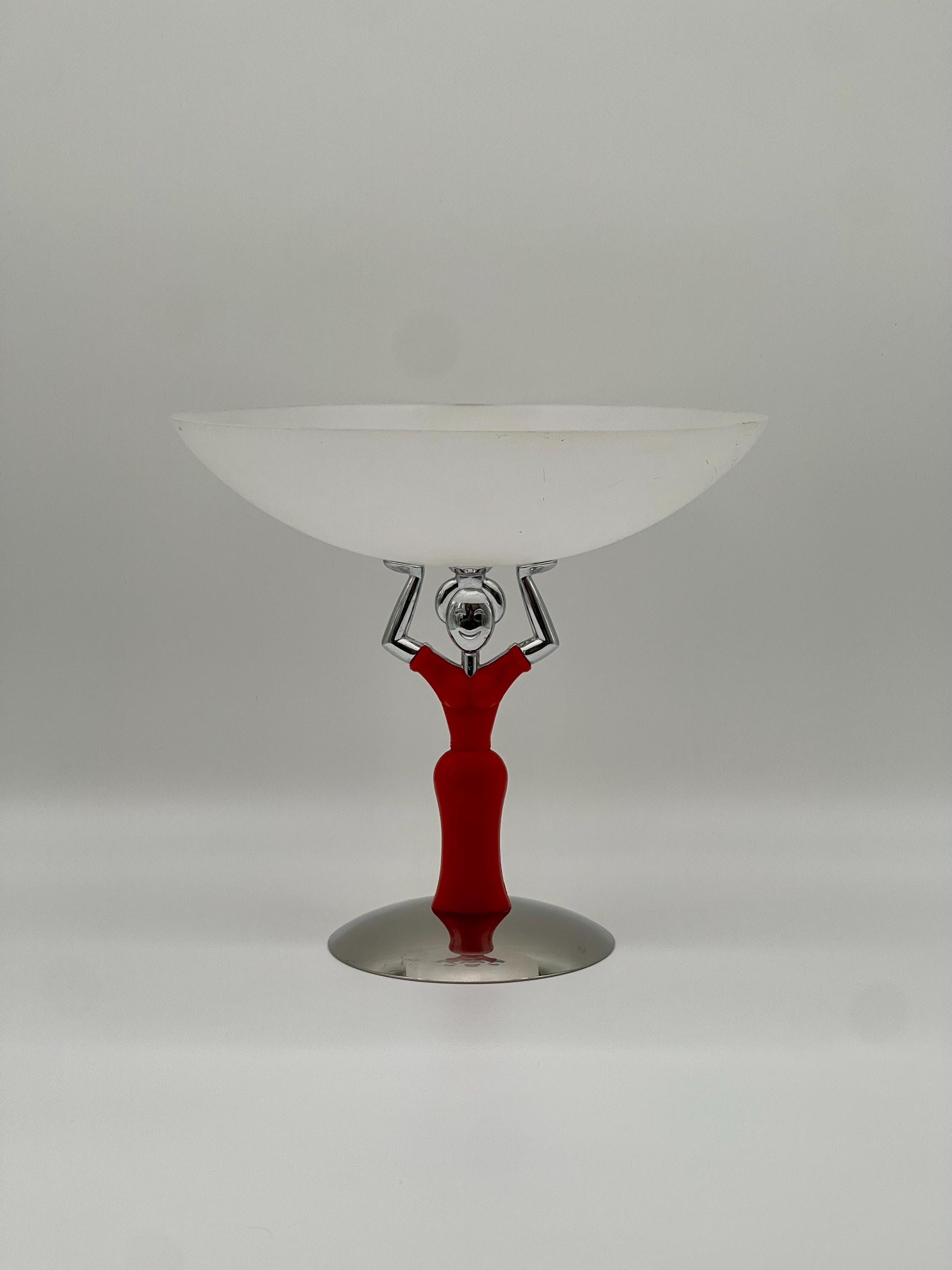 Vintage Casa Bugatti Figural Fruit Bowl, Italian Chrome Red Resin Lady Coupe