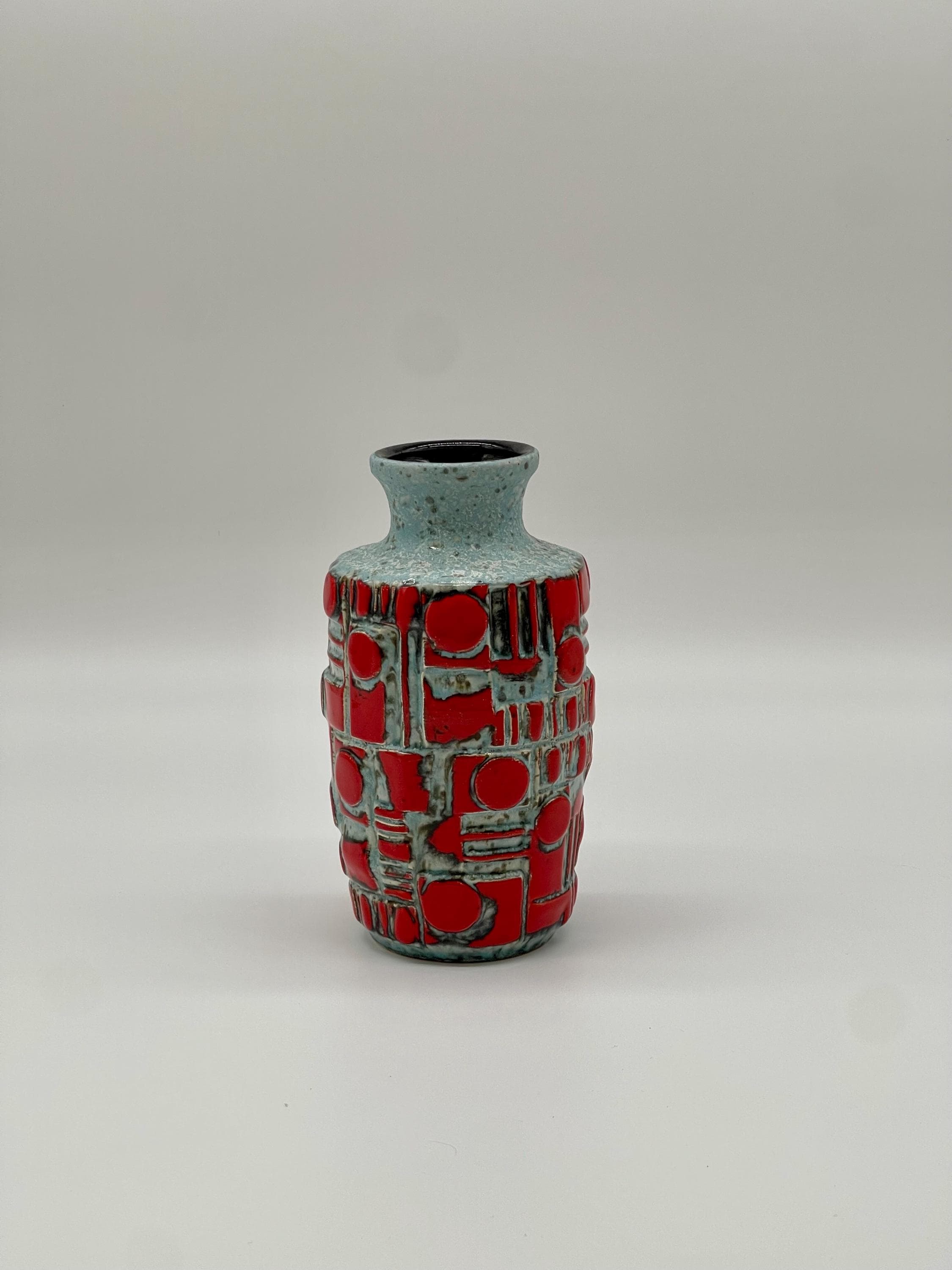 Vintage West German Relief Vase, 1960s Fat Lava Red Blue Pottery