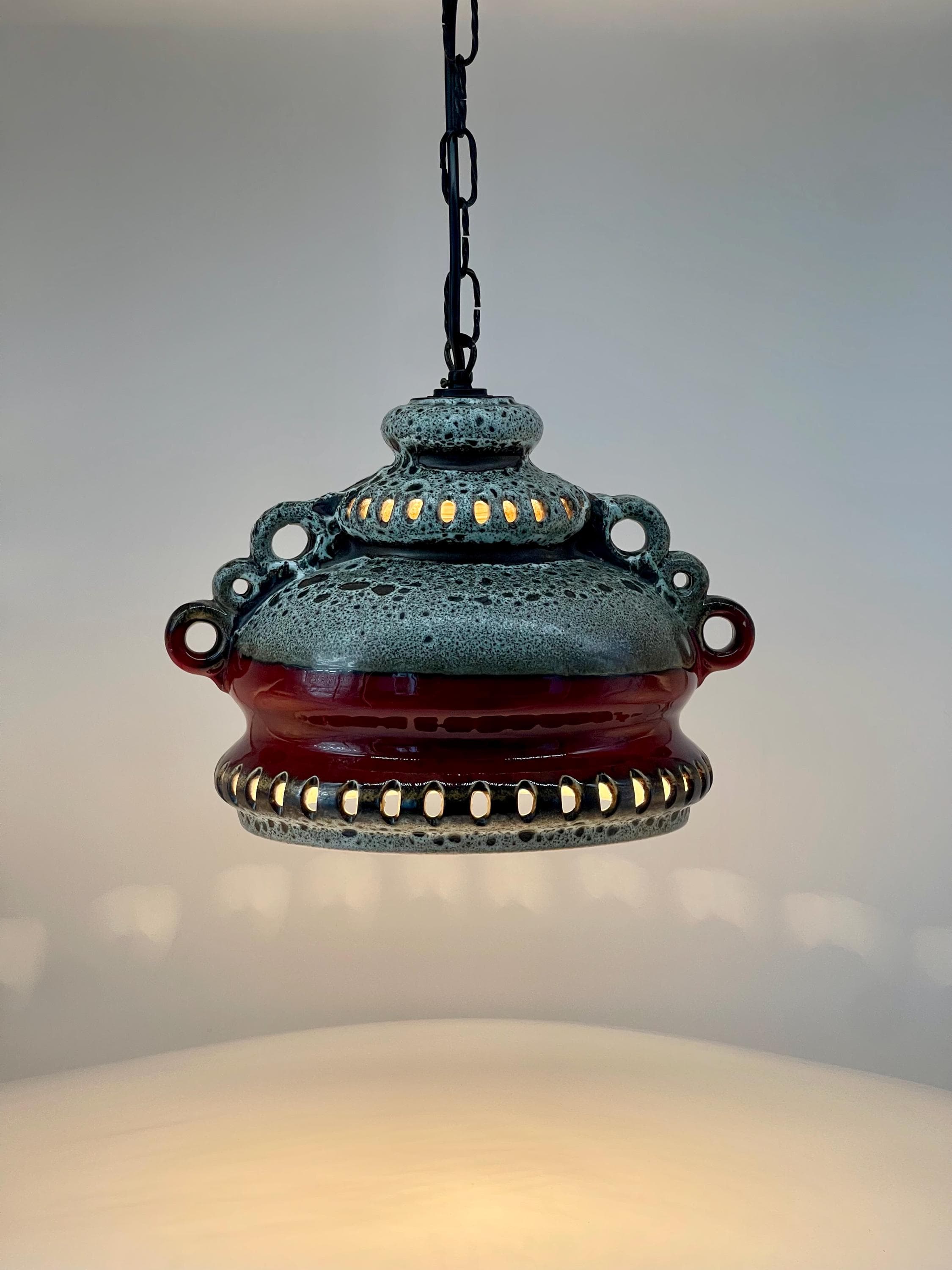 Vintage Fat Lava Ceramic Pendant Light, 1970s West German Pottery UFO Lamp