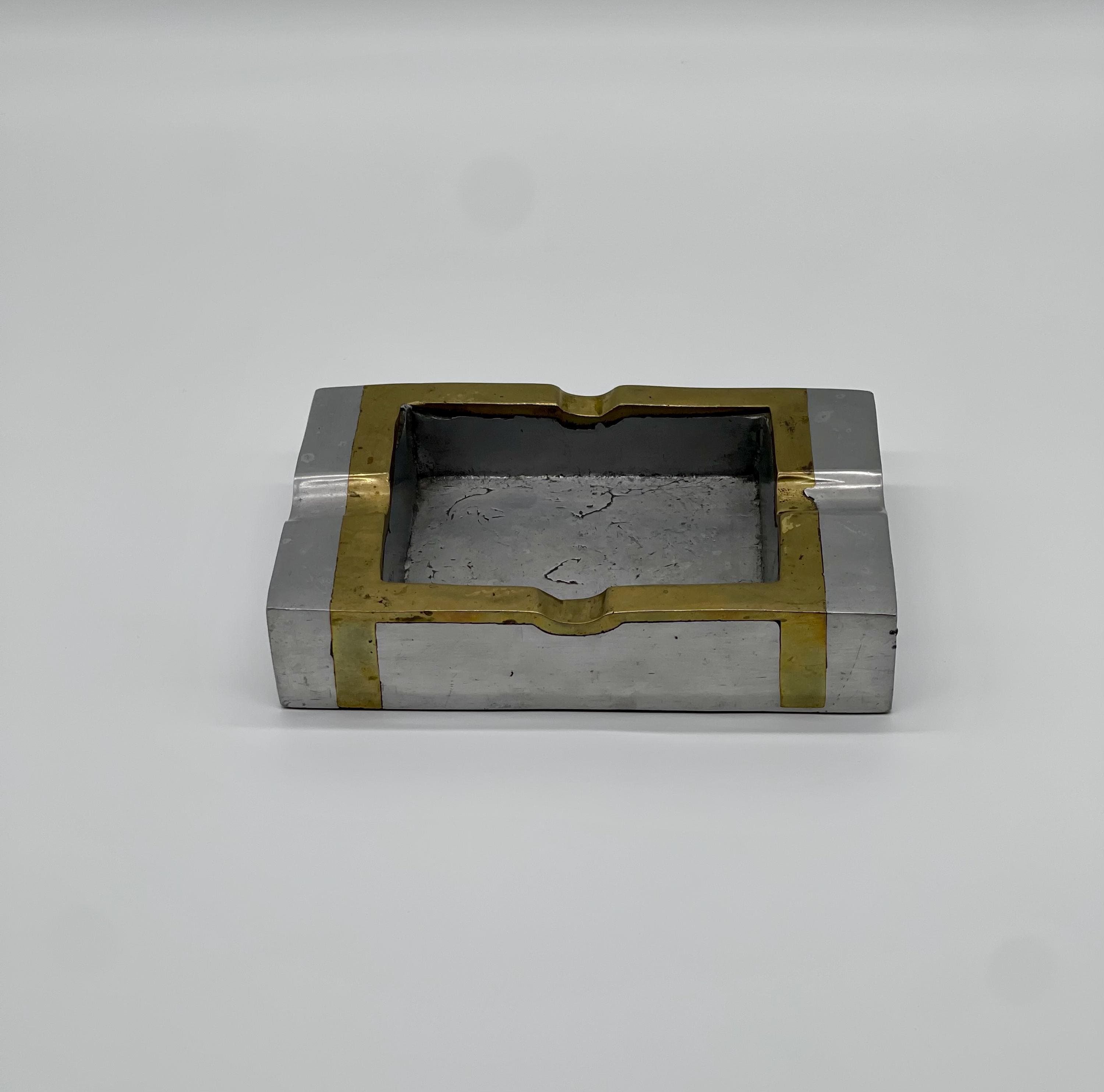 David Marshall Signed Solid Aluminum & Brass XL Ashtray, 1980s Spanish Brutalist Executive Decor
