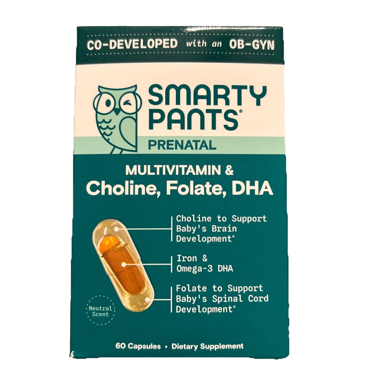Prenatal Multivitamin Capsules 60 Count Women Choline Folate DHA Iron Developed