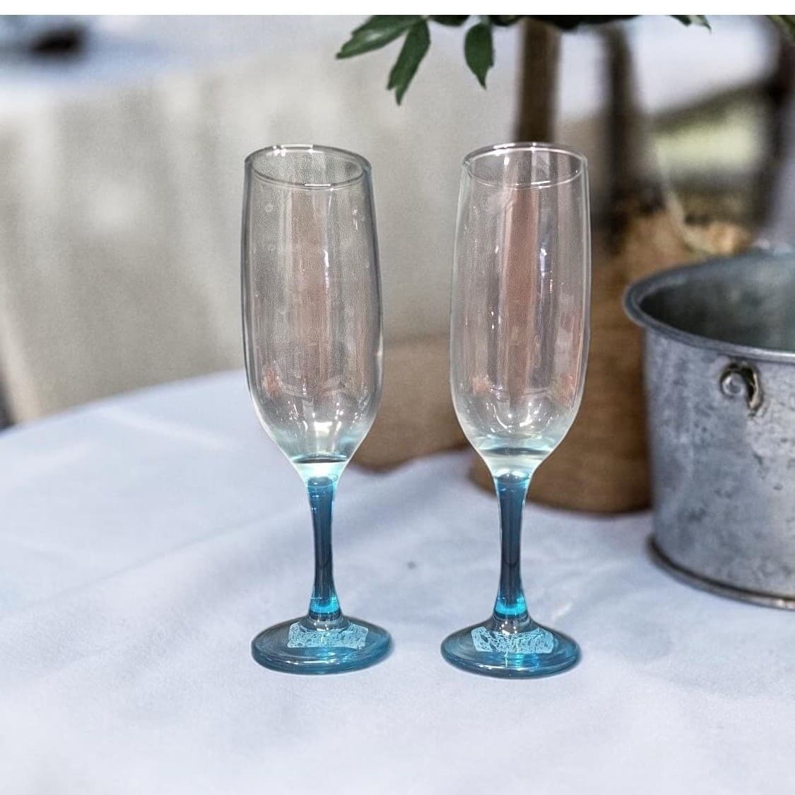 Epure Blue Stemmed Champagne Flutes, Set Of 2, Vintage Stemware Toasting Glasses