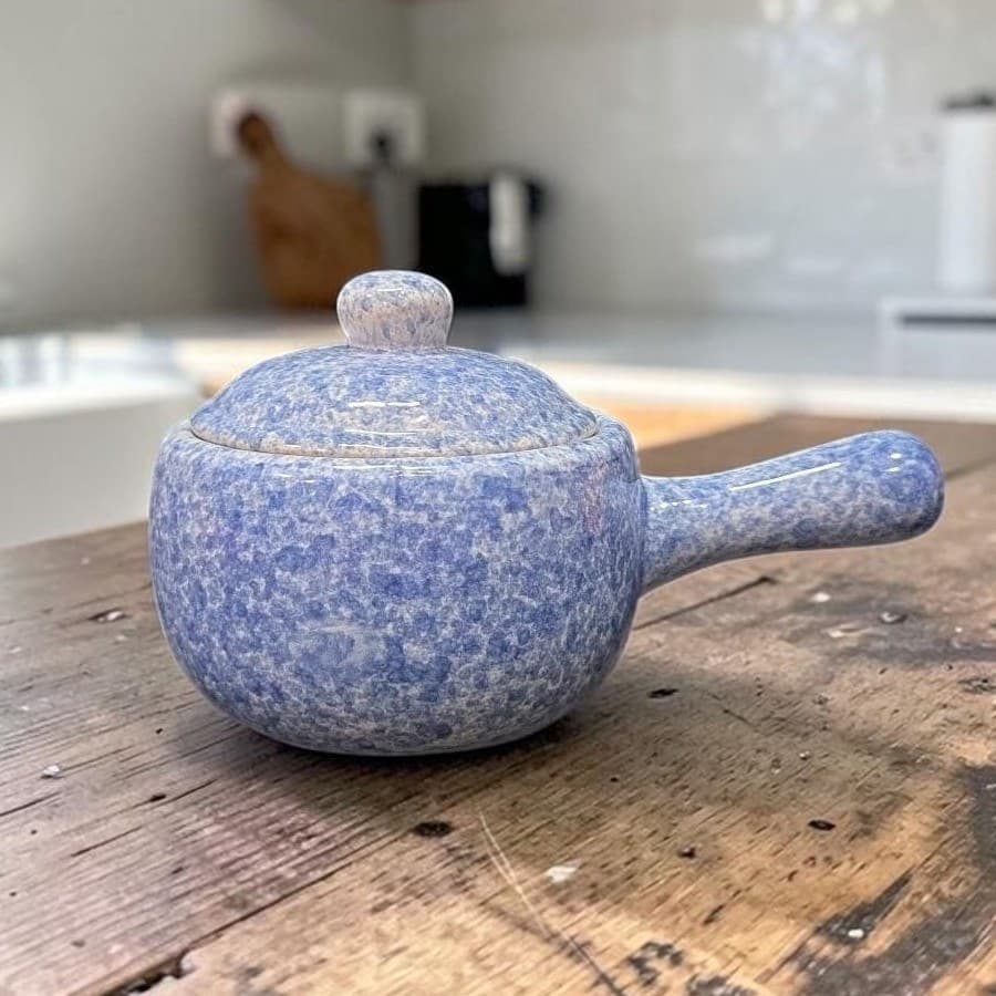 Stoneware Individual Serving Soup Tureen, Blue Speckled Spongeware Crock Pot