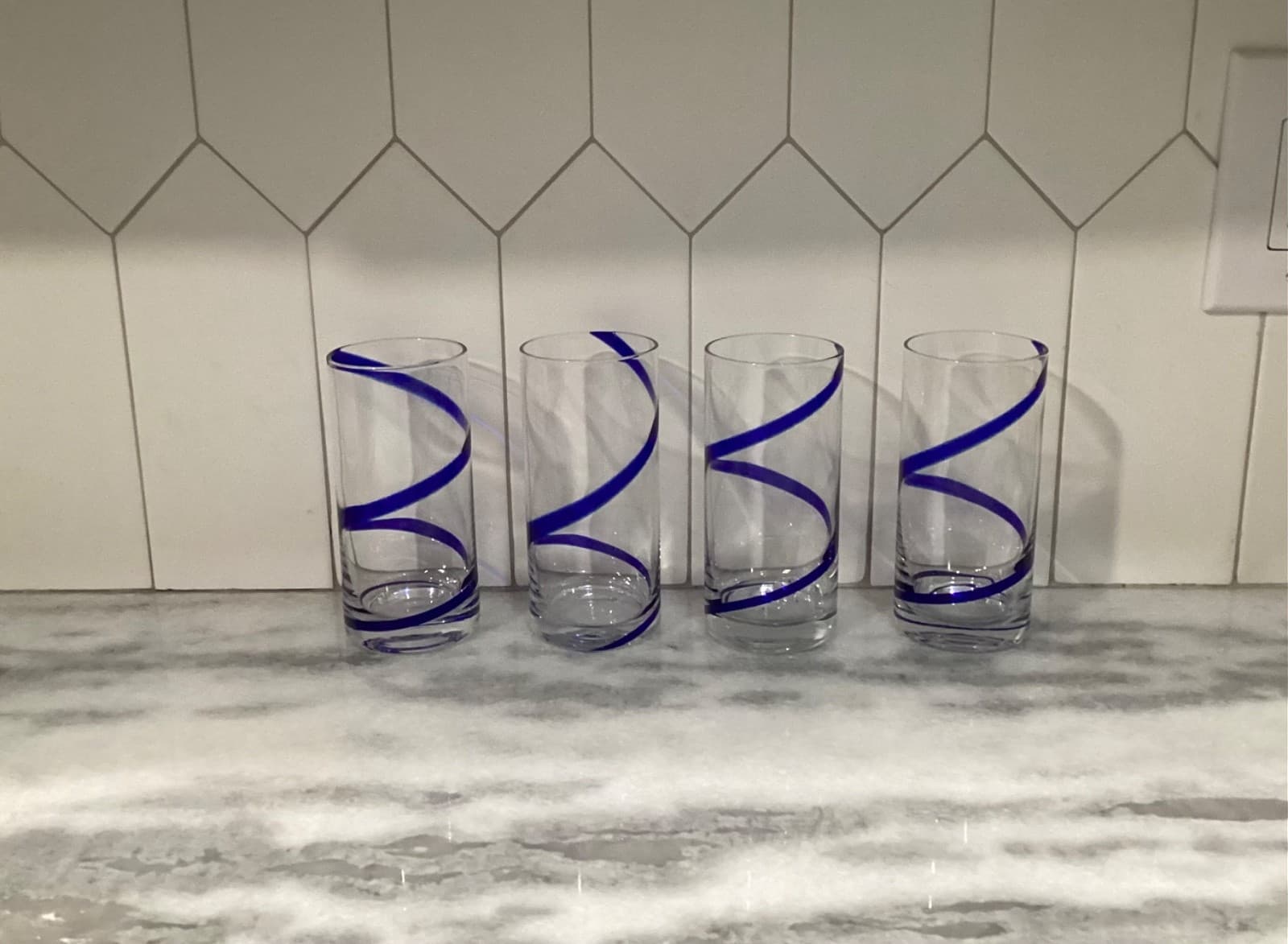 Pier 1 Blue Swirl Line Highball Glasses Tumblers Cobalt Blue Swirl Set of 4