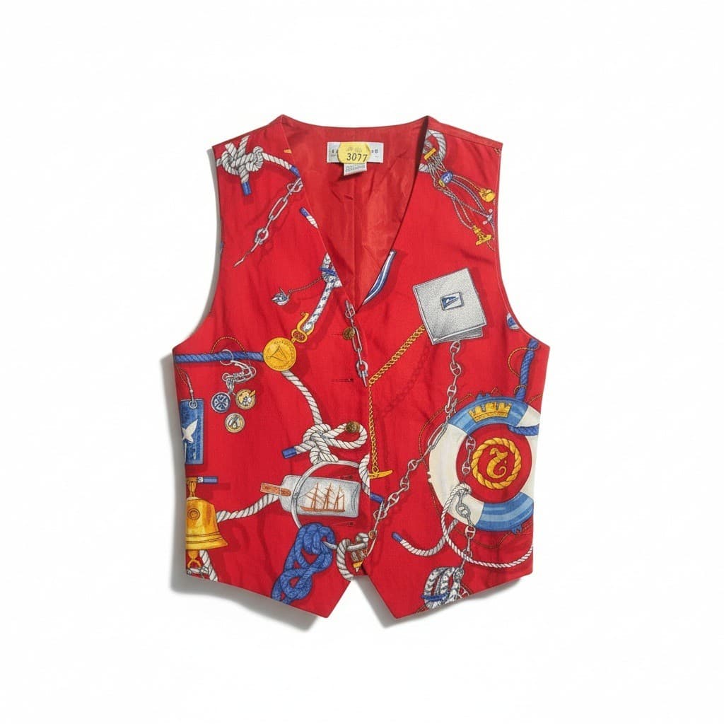 Liz Claiborne Petite Red Nautical Novelty Print Vest Gold Buttons, Women's Sz PS