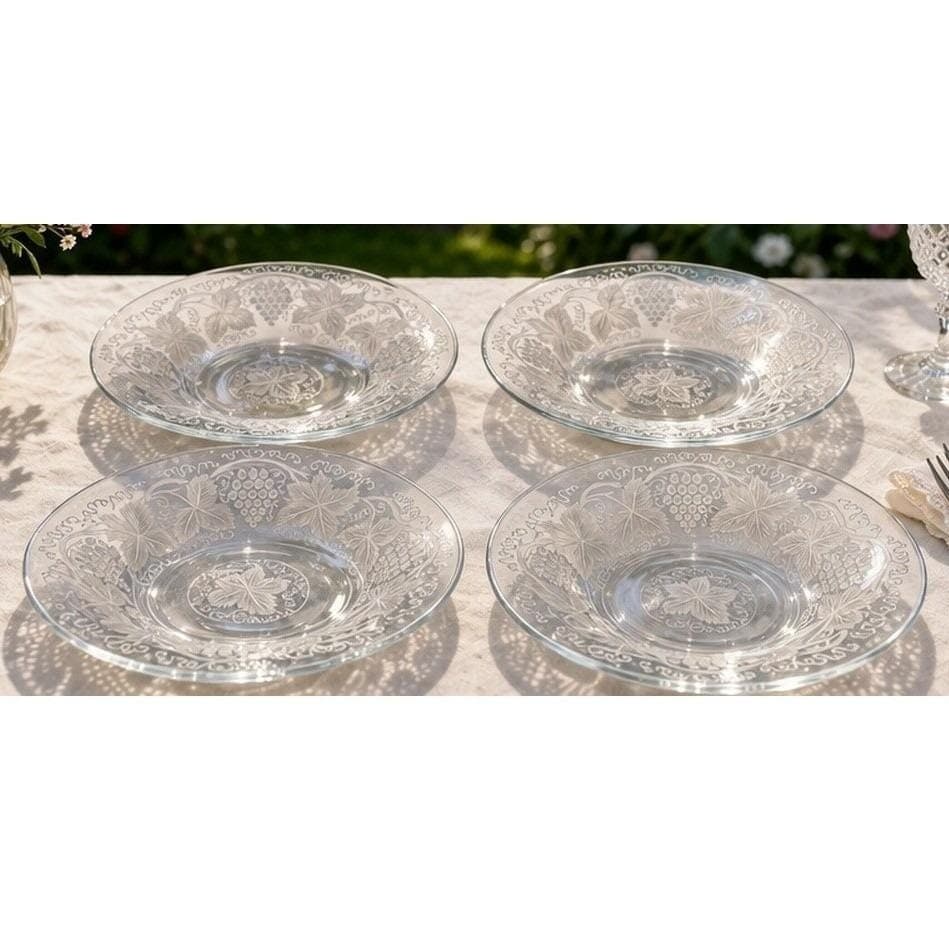 Blown Glass Grapes & Leaves Serving Bowls, Set of 4, Frosted Chablis Pattern