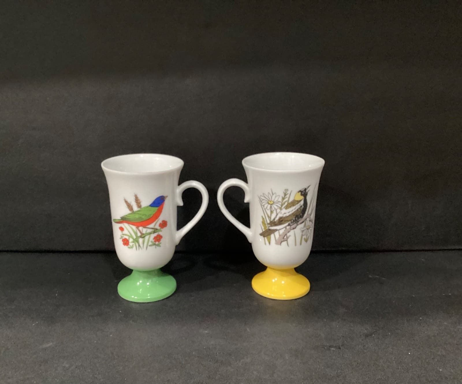 Vintage 1960's Fred Roberts Song Bird 2 Pedestal Irish Coffee Mugs Cups Japan