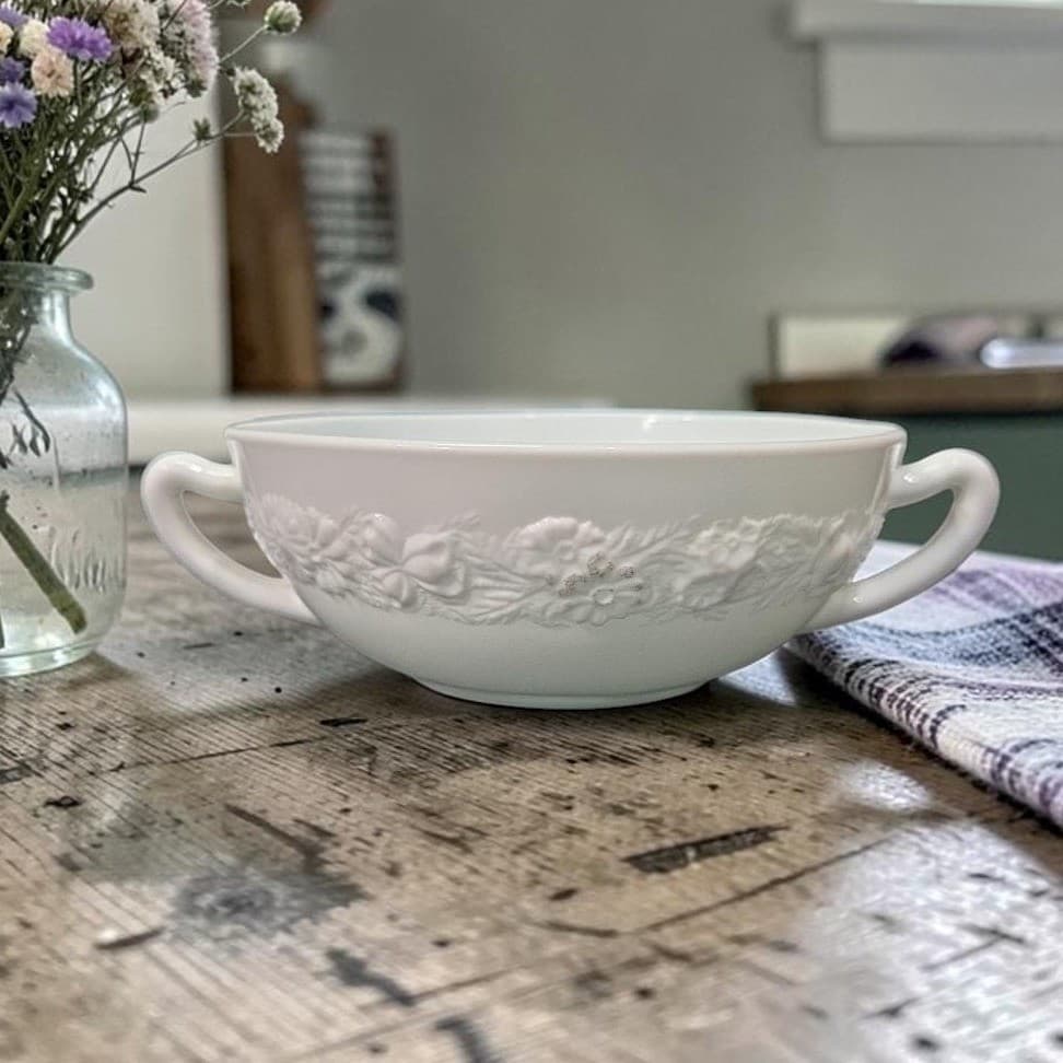 Anchor Hocking Milk Glass Soup Bowl, Dual Handled Floral Dish, Vtg Kitchenware