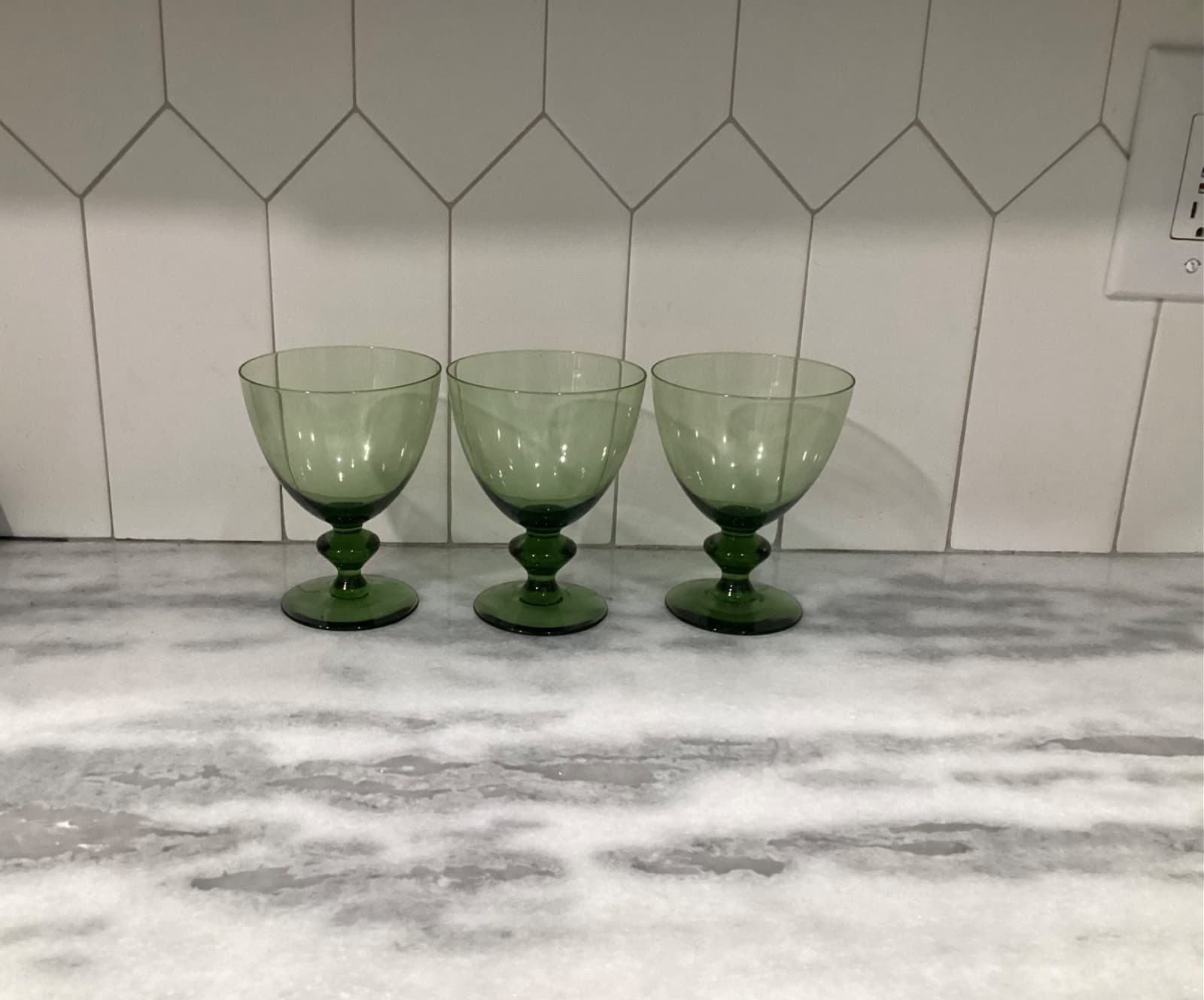 Orrefors Hand Blown Crystal Green Water Goblets MCM Barware Made In Sweden (3)
