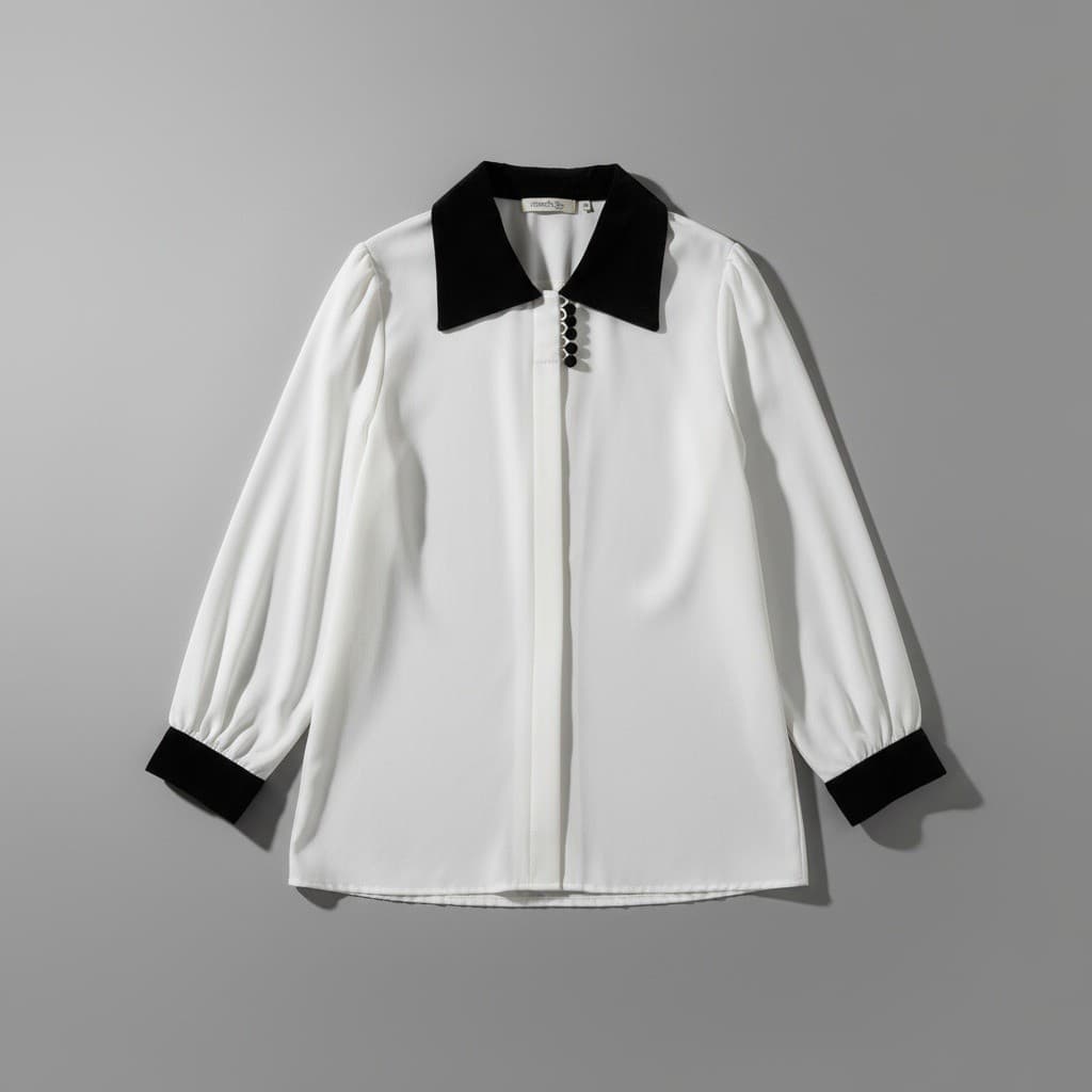 TESS Vintage White Blouse, Black Velvet Collar, Button Front, Women's Small