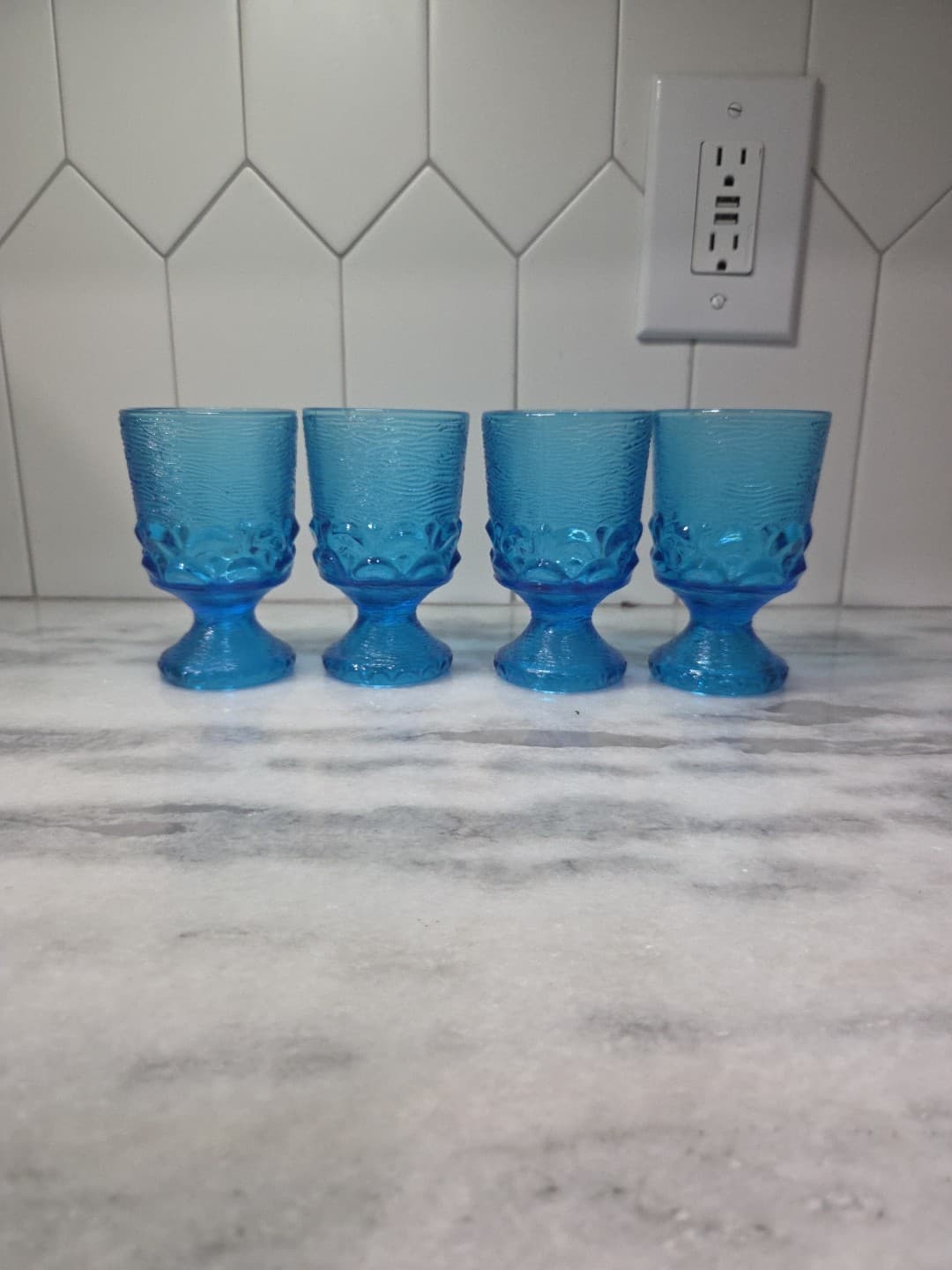 Brockway Glass Co Wine Goblets, Set of 4, Monterey Blue Footed Goblets, Textured