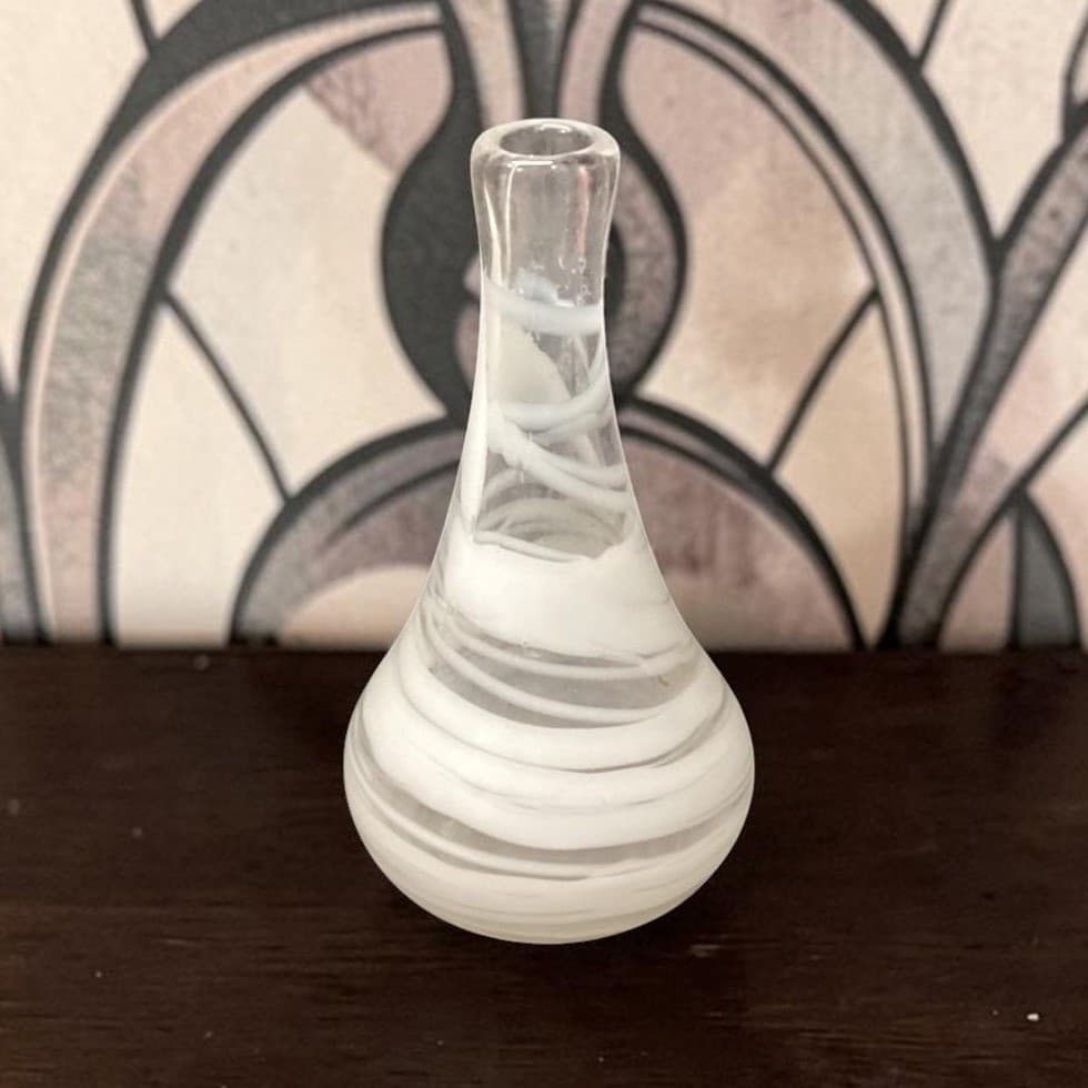 Mid Century Style Weed Vase, White & Clear Swirled Design, Hand Blown Art Glass
