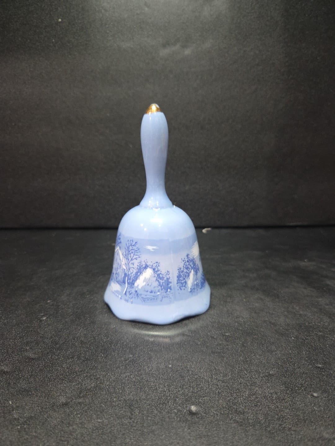 Currier & Ives Dinner Bell The Old Homestead In Winter Blue Ceramic Vintage