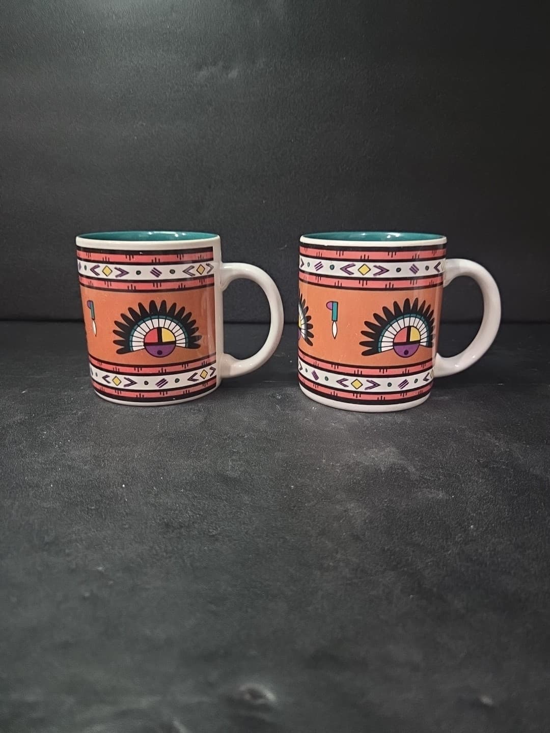Southwest Aztec Cactus Mugs, Set of 2 Coffee Cups, Vintage Native American Decor