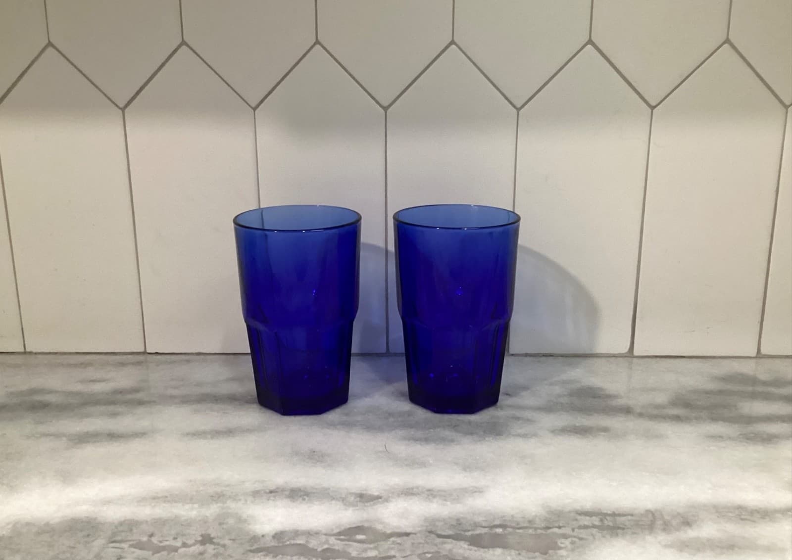 Vintage Set of 2 Libbey Crisa Cobalt Blue 8 Panel Glass Tumblers 16 oz 5.5"