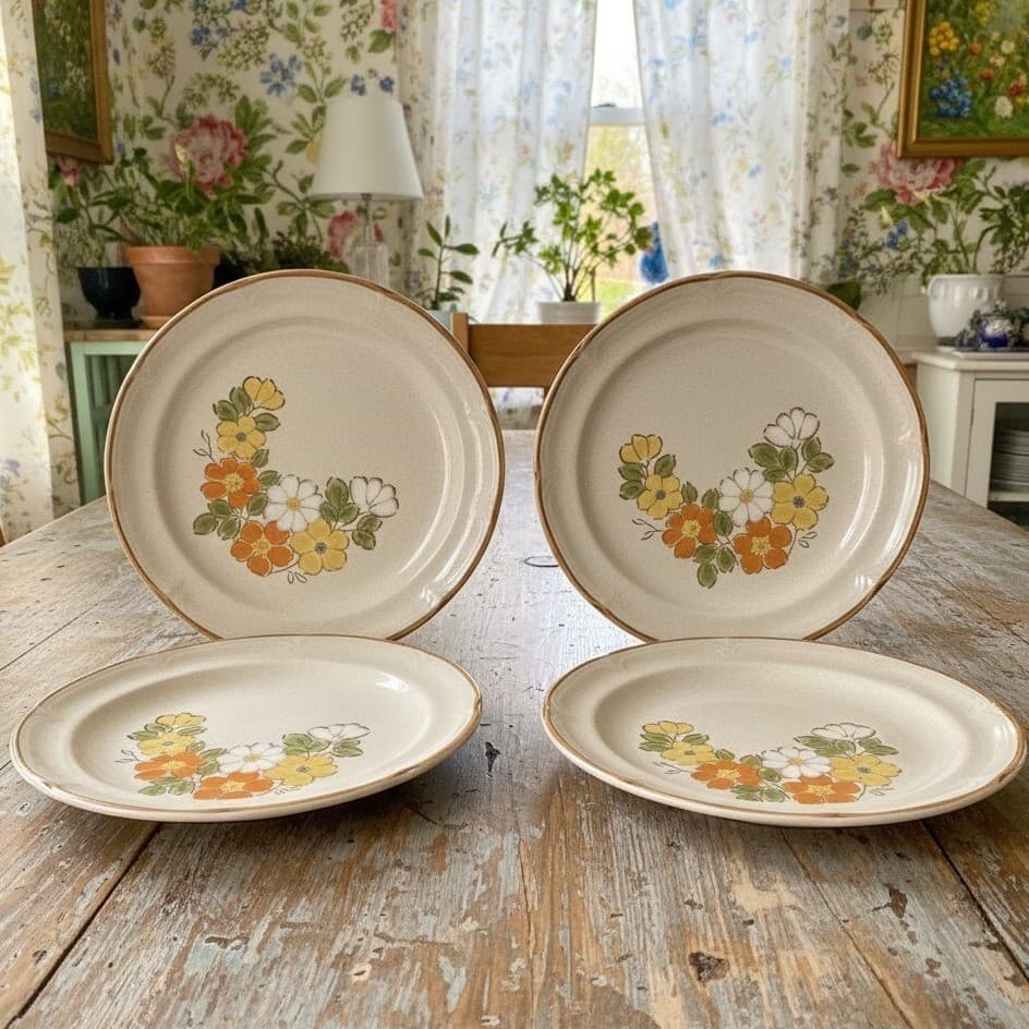 Set 4 Vintage Hearthside Stoneware Baroque Spring Garden Floral Dinner Plates