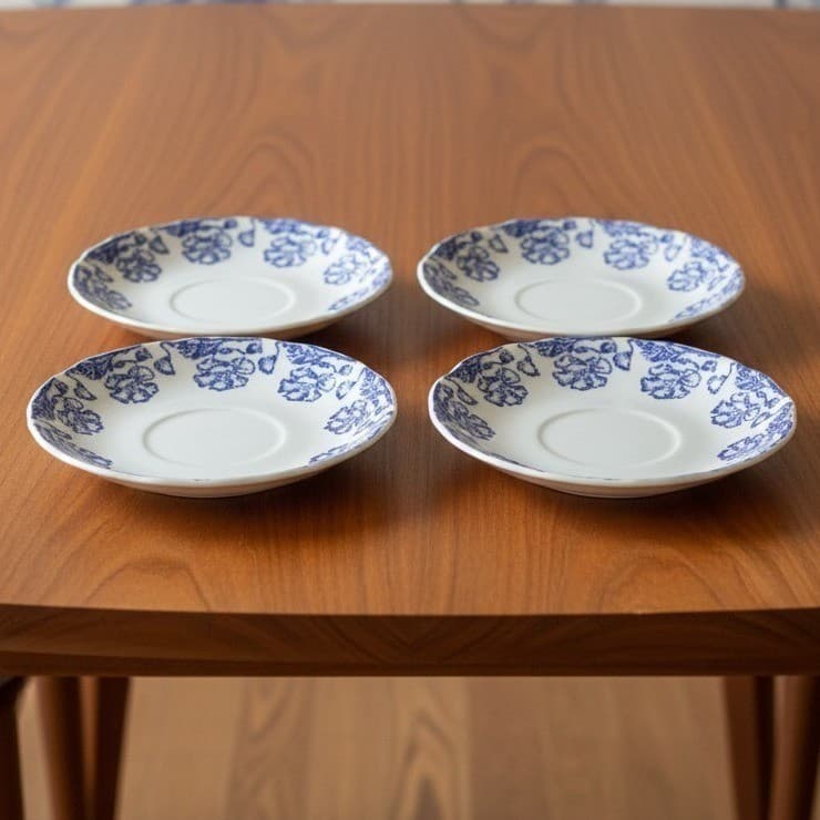 Set Of 4 Vtg. Boch Freres La Louviere 'Douglas' Blue & White Saucers