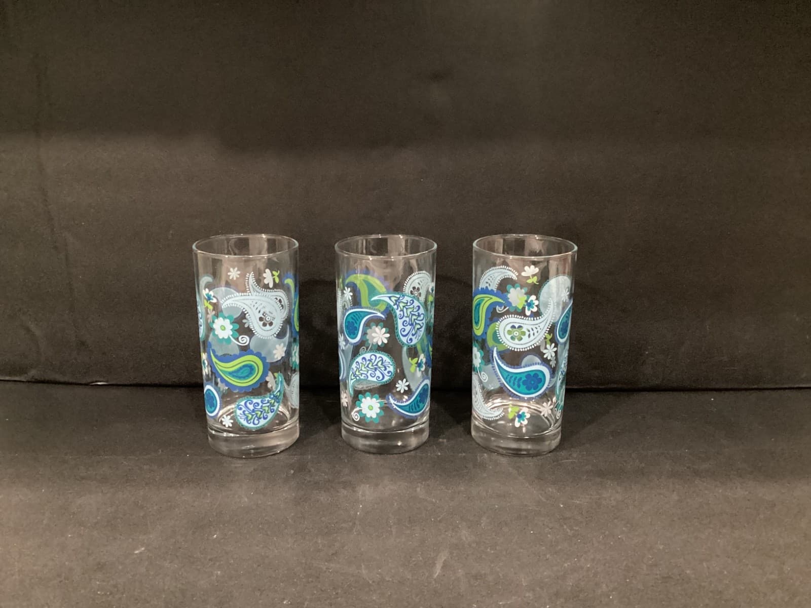 Royal Norfolk Blue Green Paisley Drinking Glass Tumblers 6” Tall Set Of 3