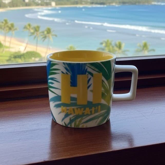 2016 Starbucks Coffee Tea Mug HI HAWAII Green Blue Palms Yellow Interior