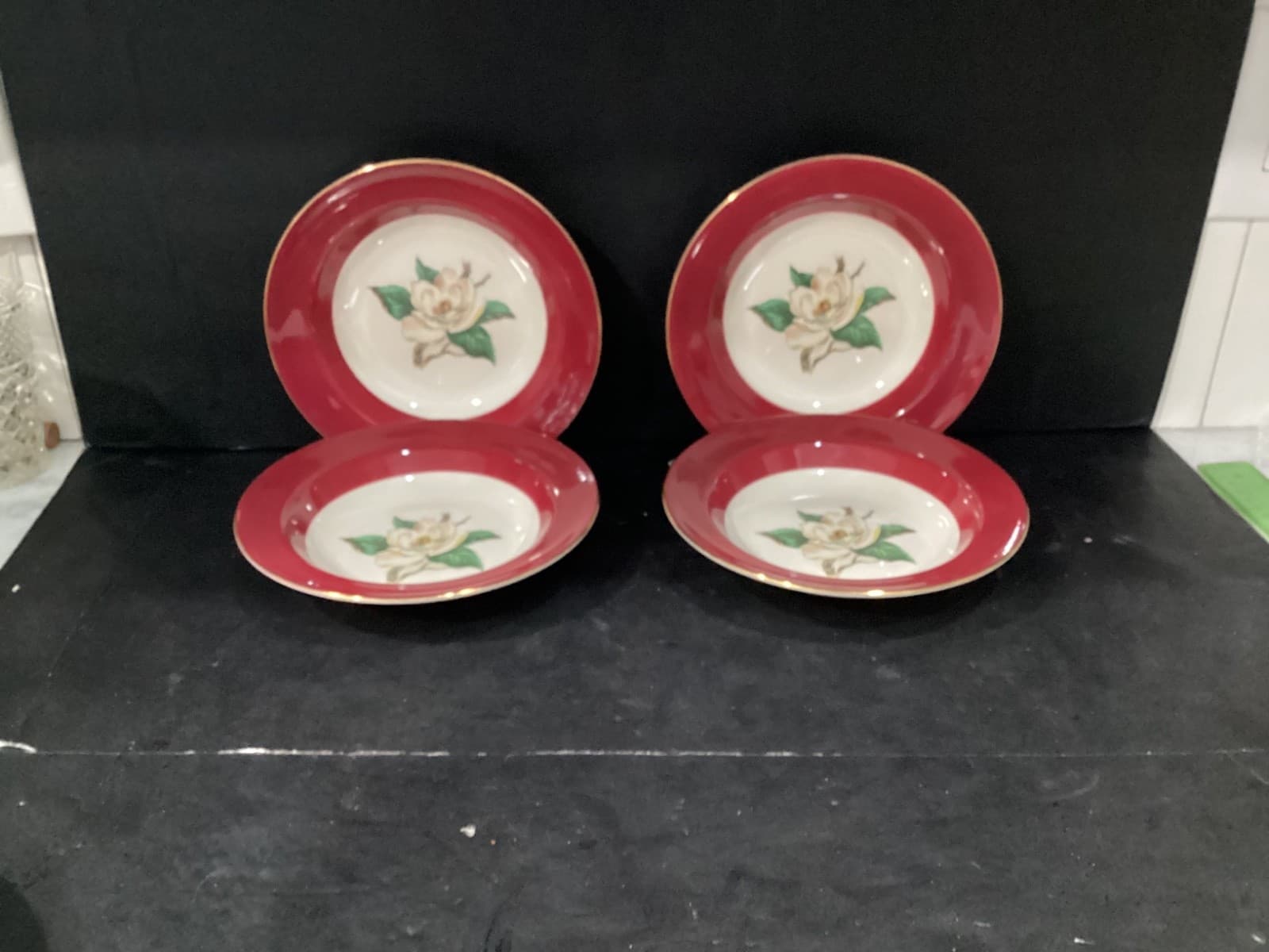 Homer Laughlin Burgundy Bowls 8.5" Magnolia 1940's Dishes Gold Rim Set of 4