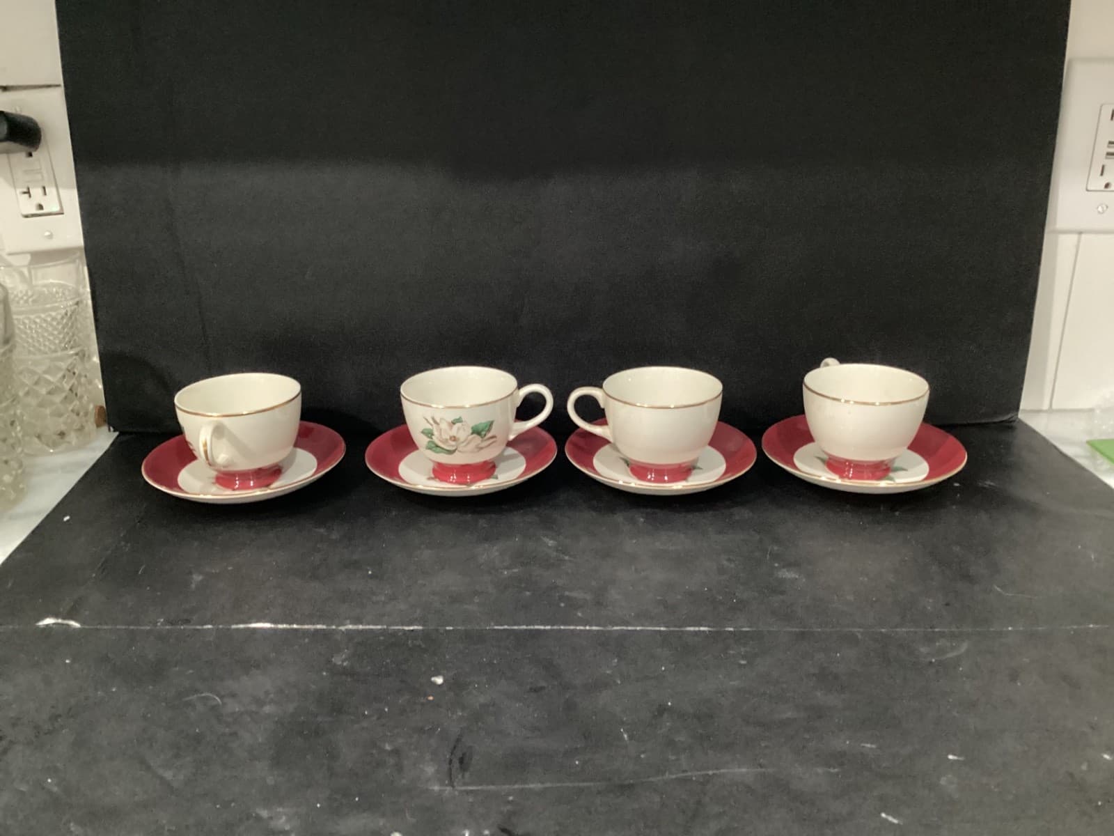 Vintage Homer Laughlin Burgundy Magnolia Lifetime China 4 Tea Cups and Saucers