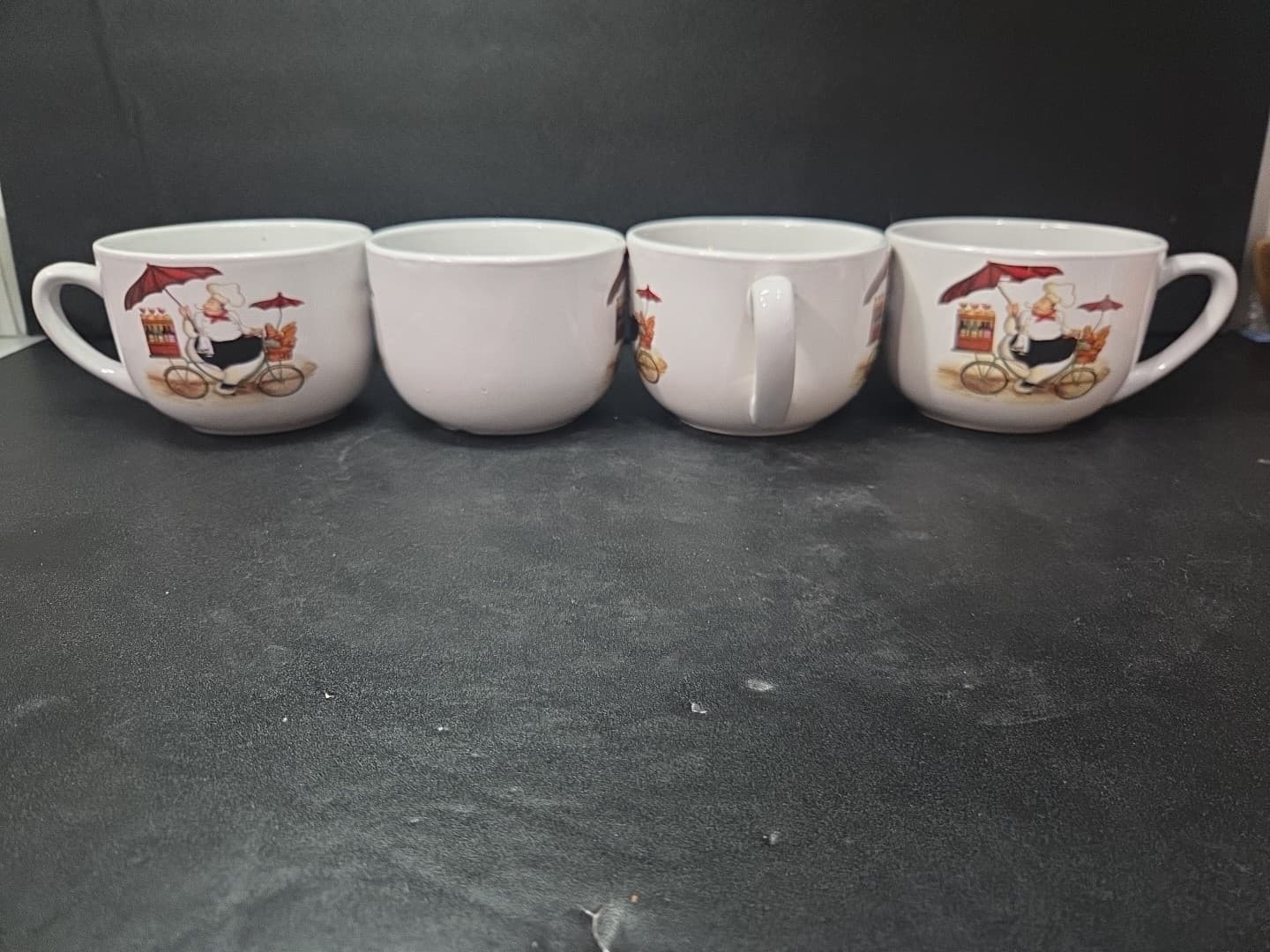 Trisa Large Coffee Mugs, French Chef on Bicycle Design, Set Of 4 Soup Cups 24 Oz