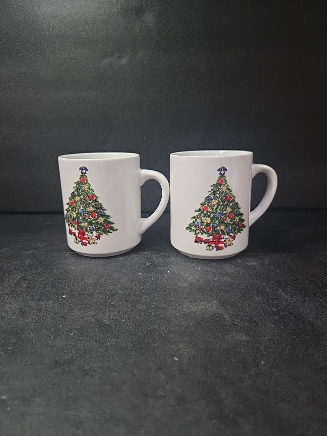Mount Clemens Pottery Christmas Tree Coffee Mugs, Set of 2, Festive Holiday Cups