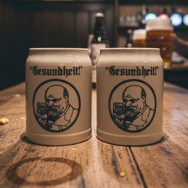 Gesundheit Beer Mugs, Set of 2, Vintage German-Style Barware, Black Transferware