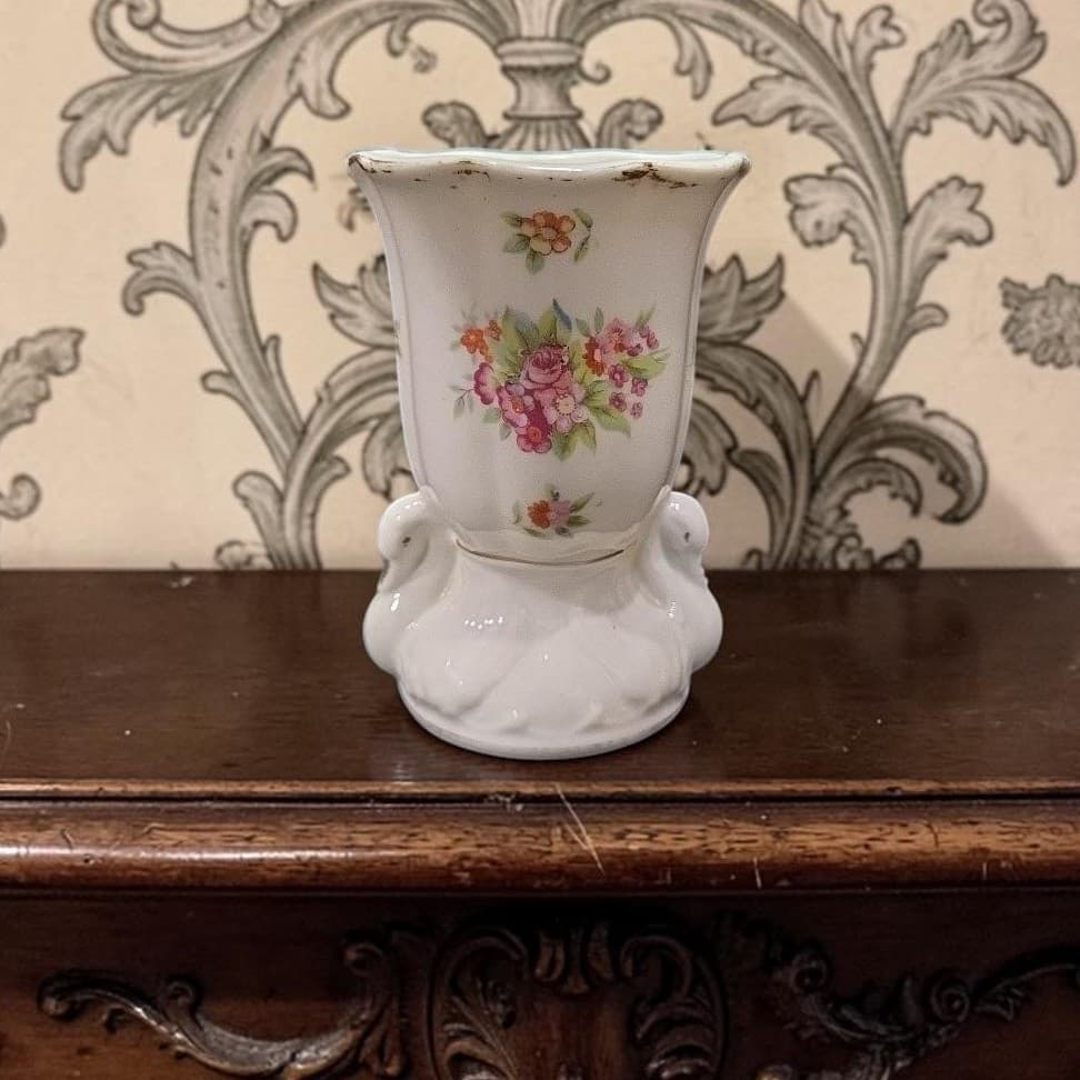Art Nouveau Gold‑Eyed Swan Bud Vase, Vintage Japan Floral Bouquet Holder