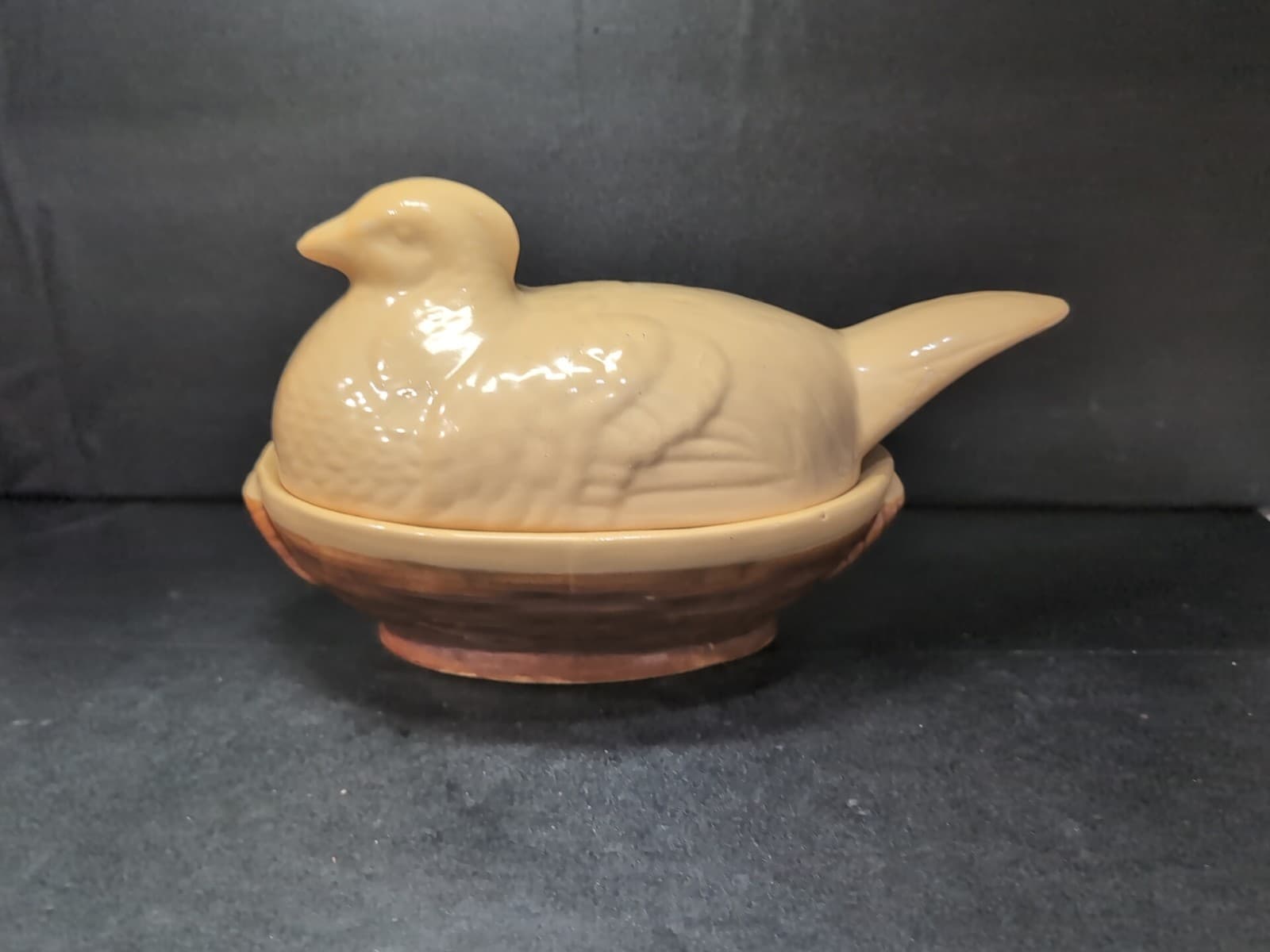 Quail on Nest Chicken Bowl, Vintage Pottery Hen, Yellow Ware 2 Piece Collectible
