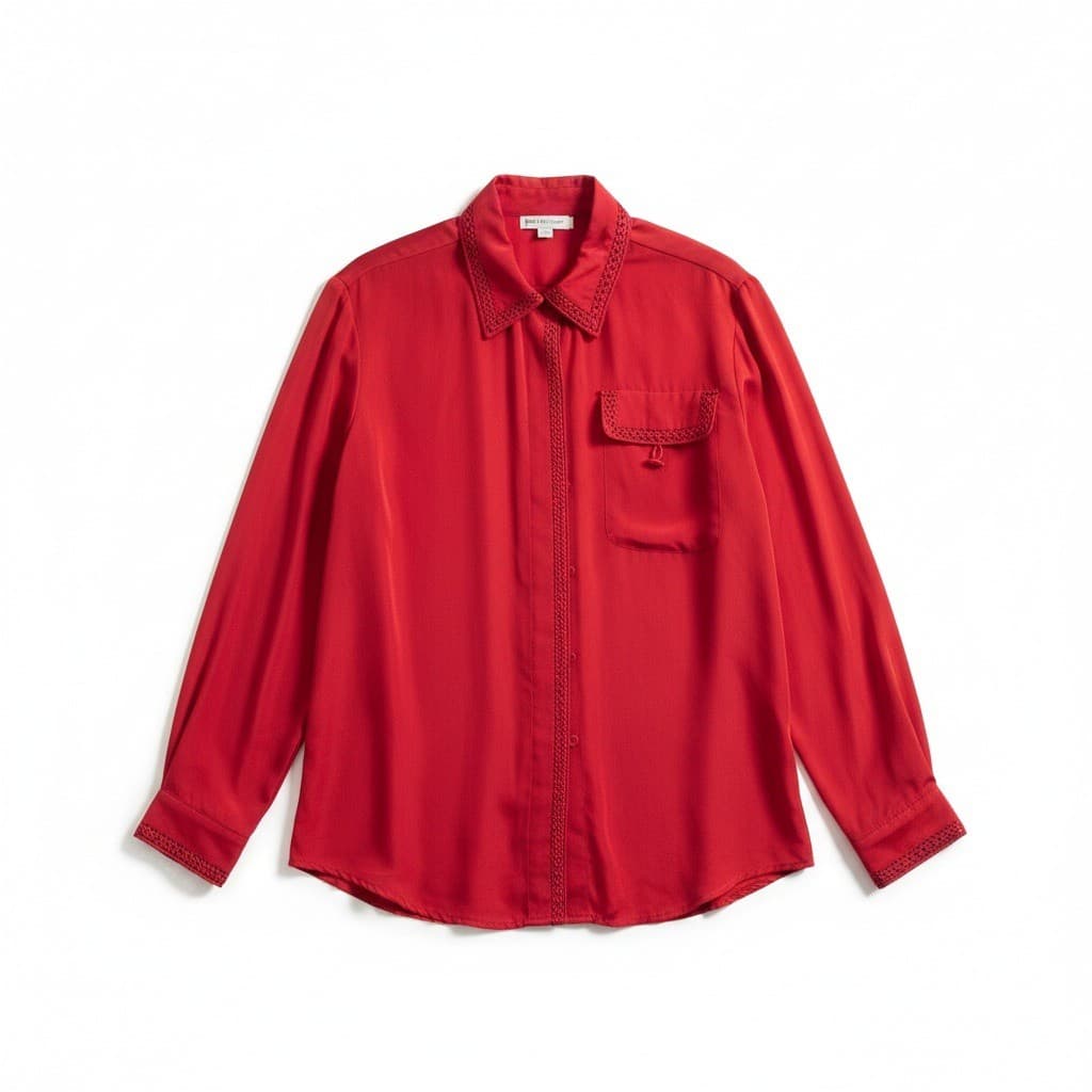 Tess Red Crochet Trim Button Down, Women's Small Blouse, 100% Silk, Long Sleeve
