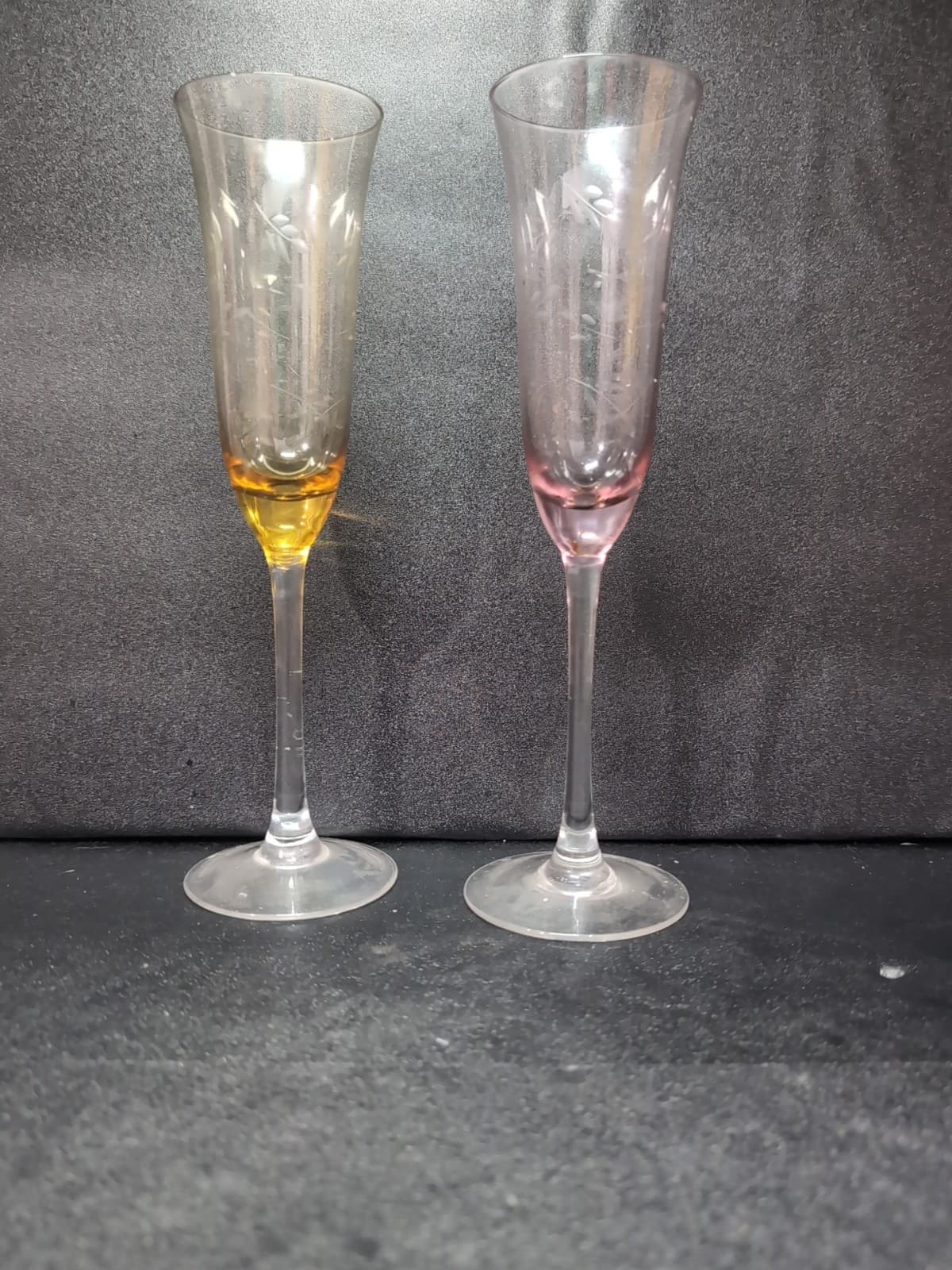Etched Lead Crystal Champagne Flutes, Fluted Chintz Glass, Yellow & Pink Glass