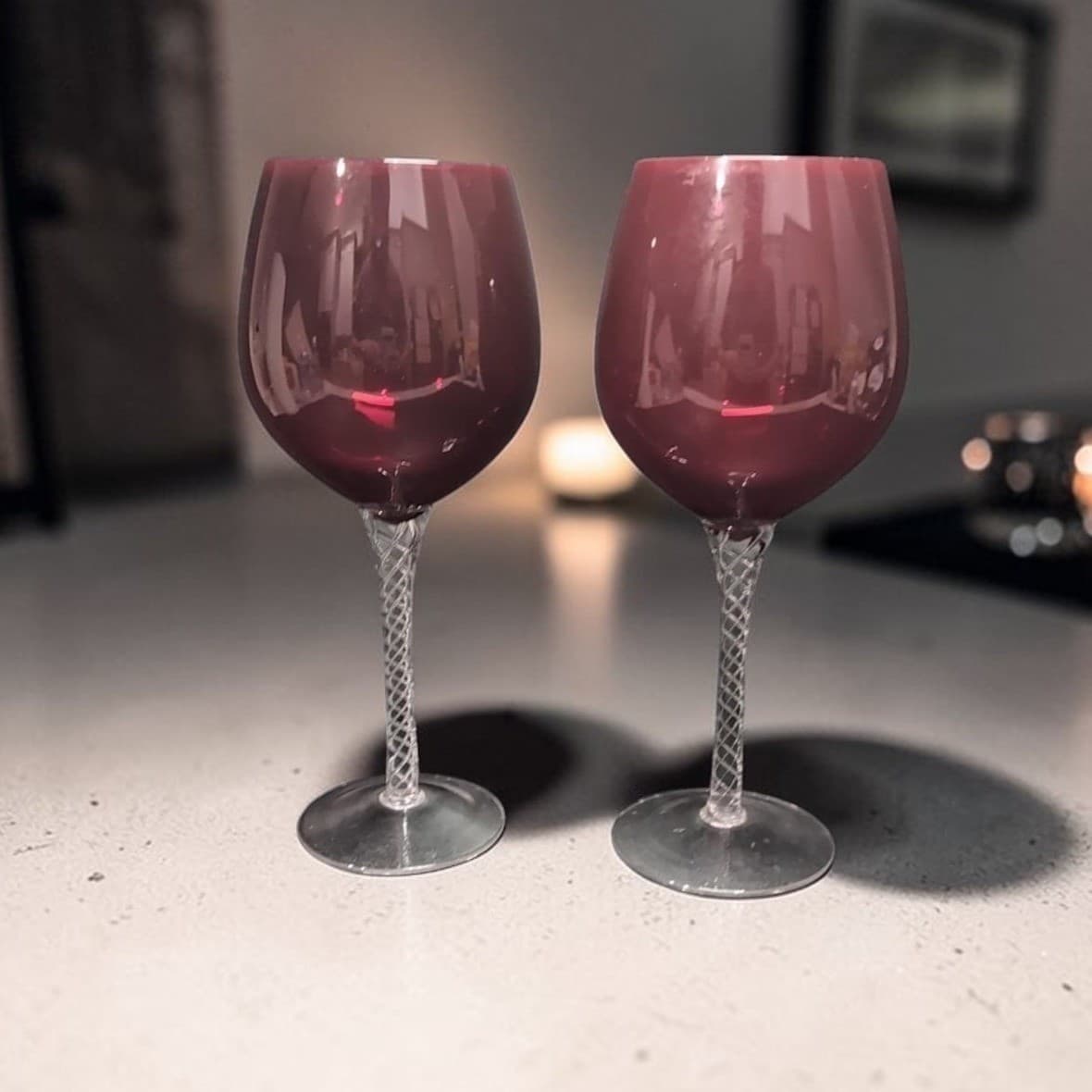 Ruby Red Balloon Wine Glasses, Set of 2, Twisted Stem. Venetian Style Stemware