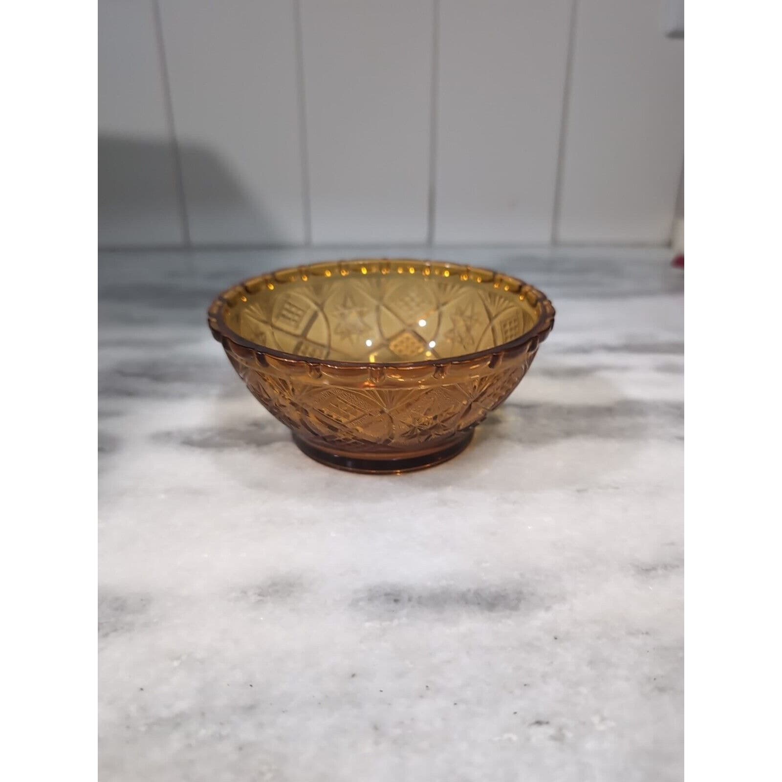 KIG Amber Glass Bowl, Fan Stars Crosshatch Pattern, Vintage Indonesian Decor