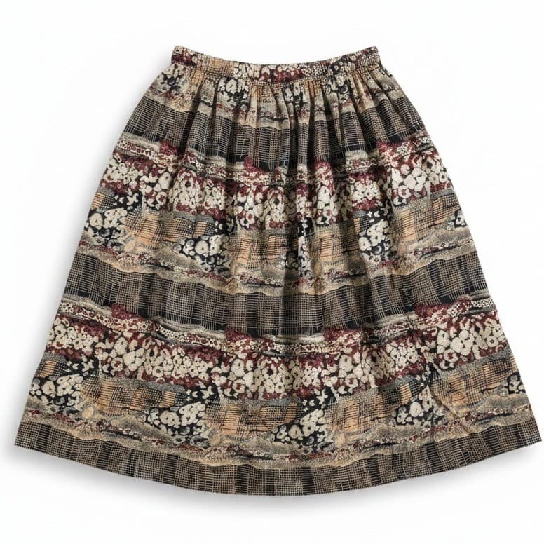 Maren Vintage Mixed Print Rayon Midi Skirt, Tan Black Burgundy, Woman's Sz 14/16