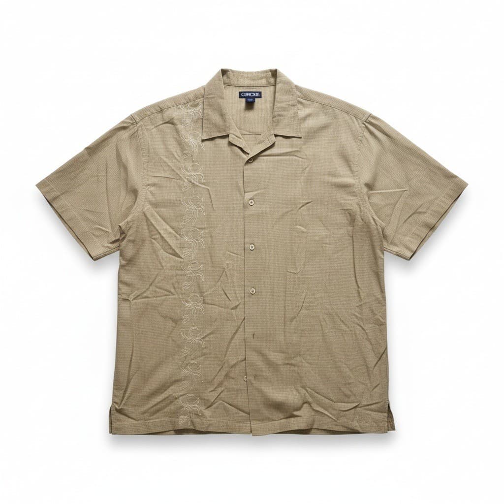 Cherokee Tan Embroidered Short Sleeve Button Front Camp Shirt, Men's XXL Khaki