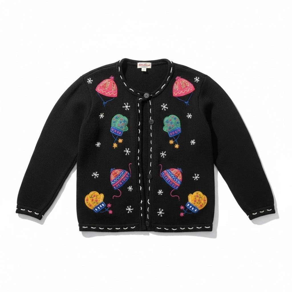 Bobbie Brooks Black Embroidered Winter Mitten Beanie, Women's Cardigan Sweater