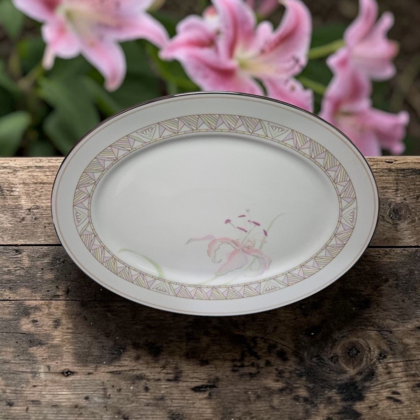 Lenox Pink Lily 16" Oval Serving Platter, Floral Bouquet Collection, Vtg Decor
